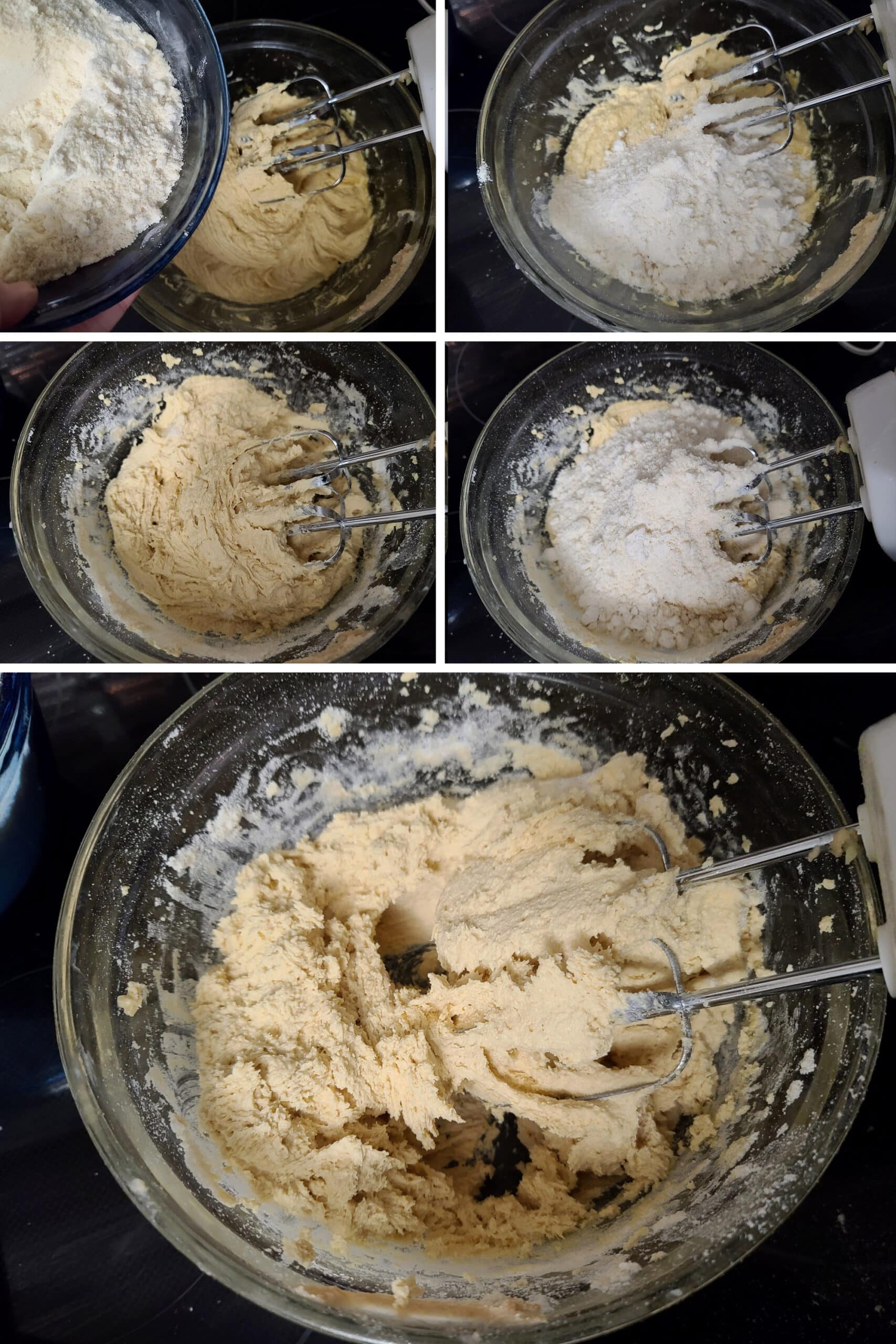 5 part image showing the dry ingredients being beaten into the creamed butter mixture a bit at a time.