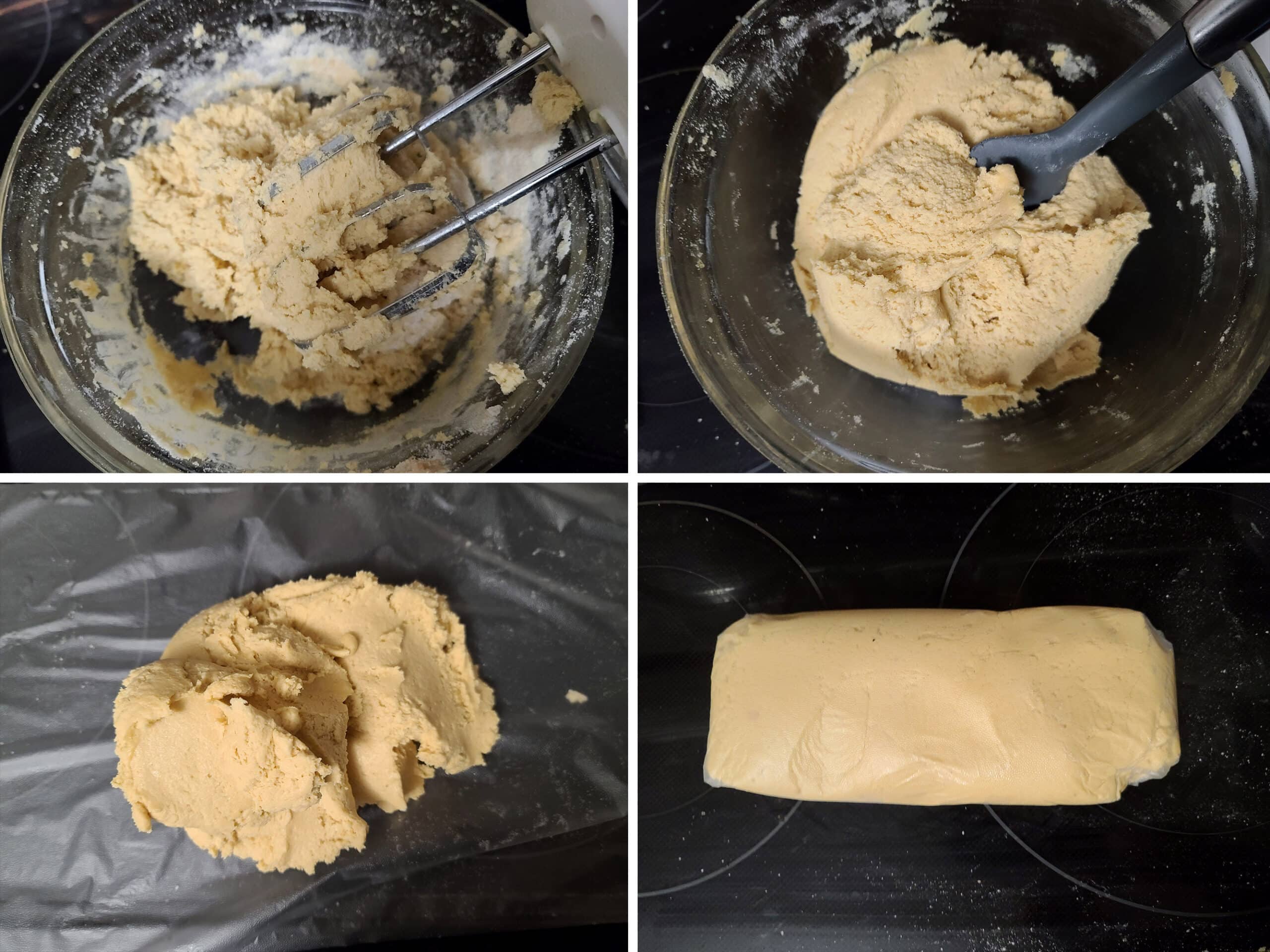 4 part image showing the cookie dough being brought together into a smooth dough and wrapped in plastic wrap.