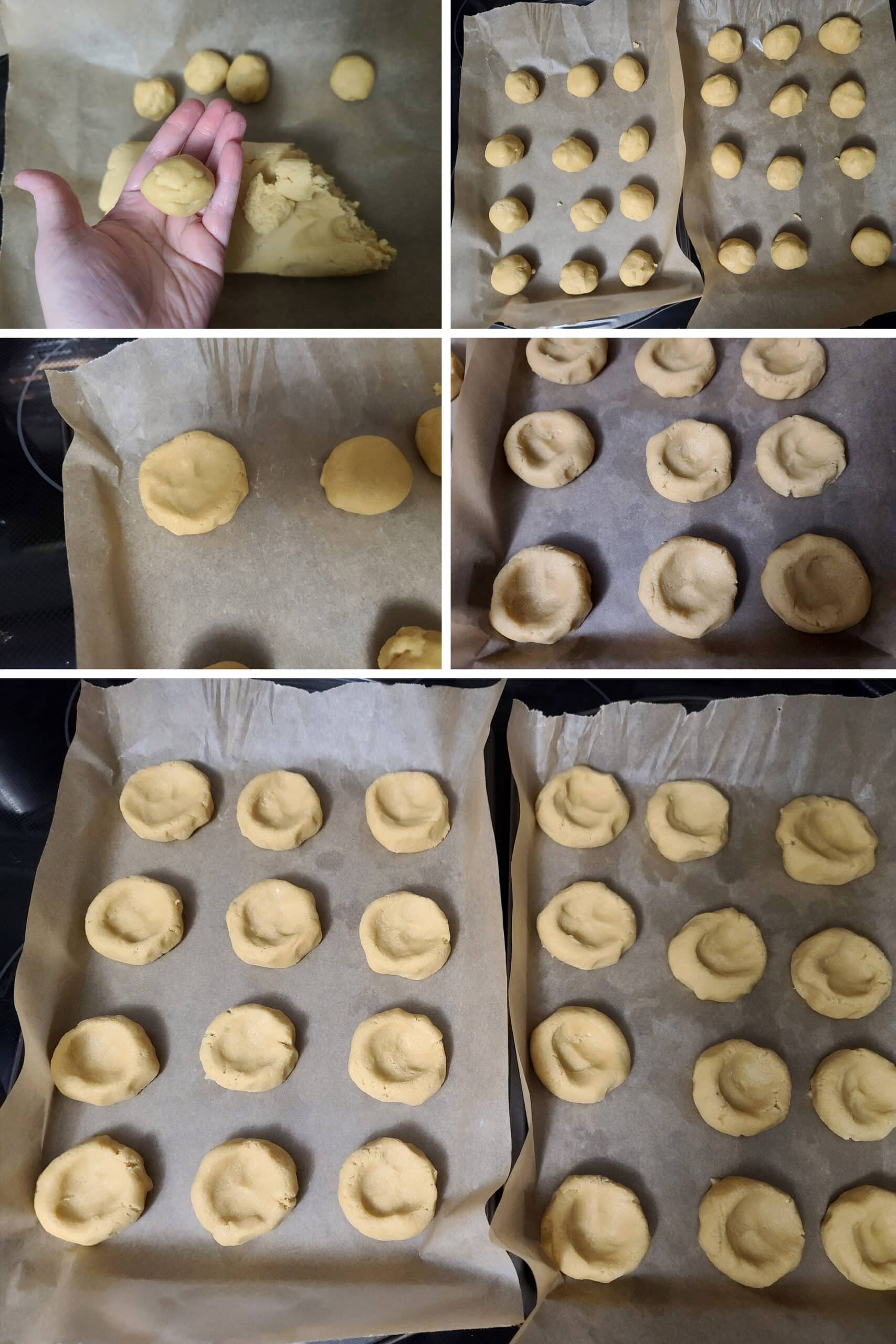 5 part image showing the cookie dough being rolled into balls and flatted slightly in the middle of each, to make a mini tart crust type cookie.