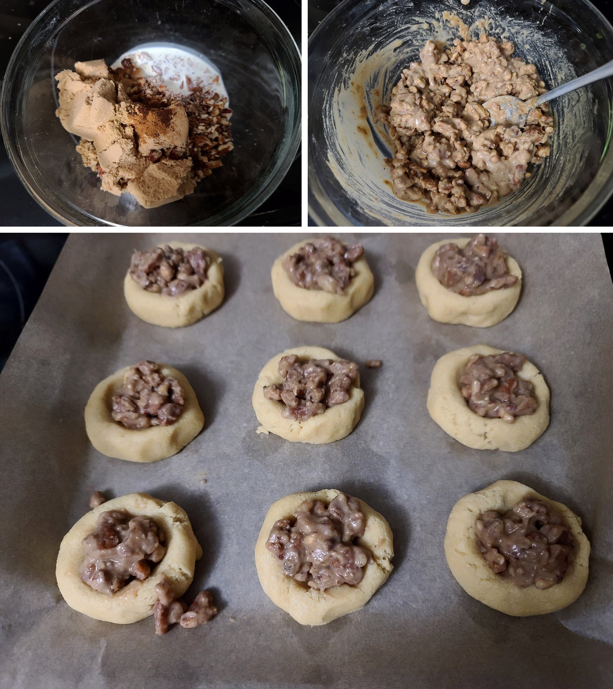 3 part image showing the filling ingredients being mixed together and spooned onto the prepared cookies.