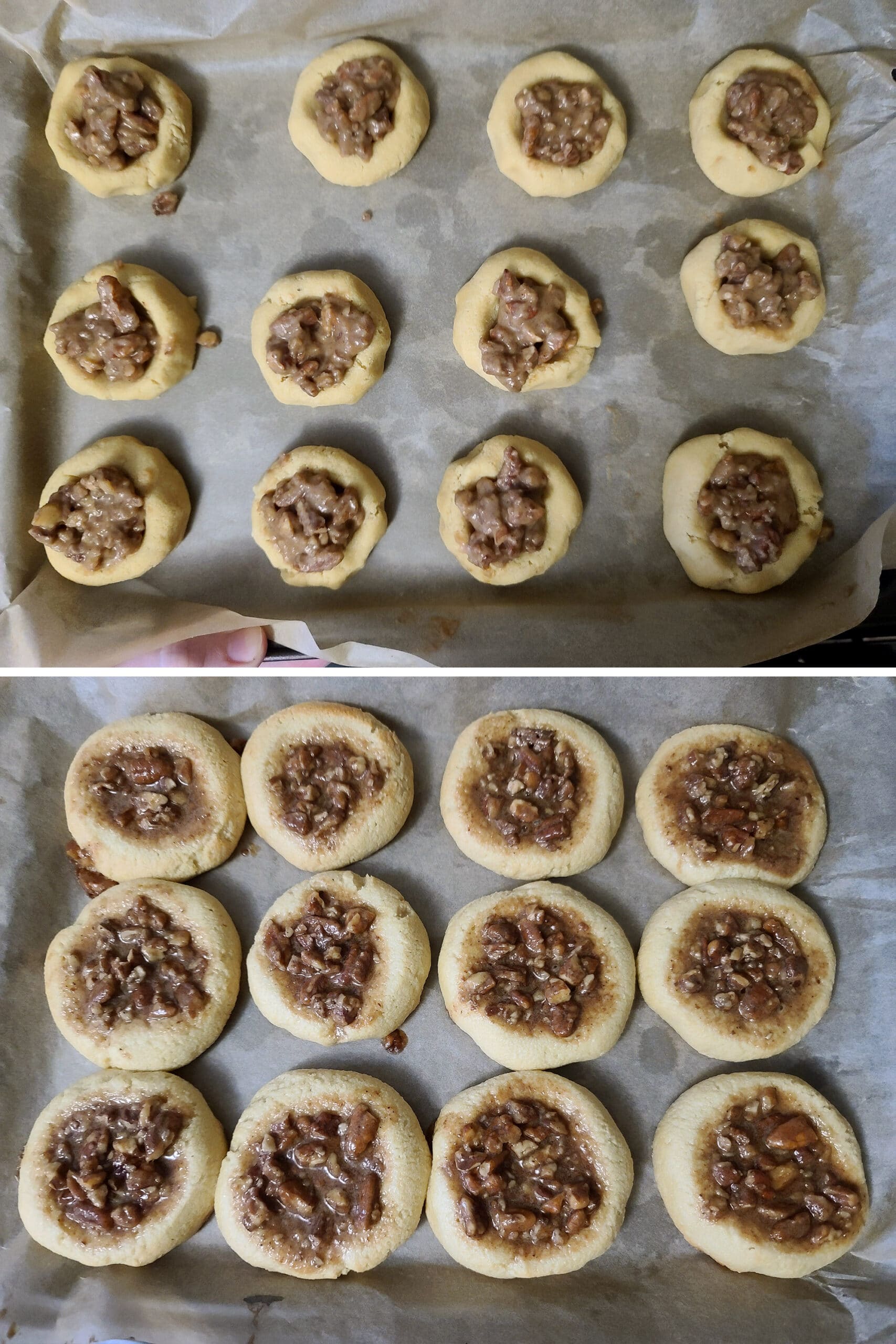 2 part image showing a pan of keto pecan pie cookies, before and after baking.