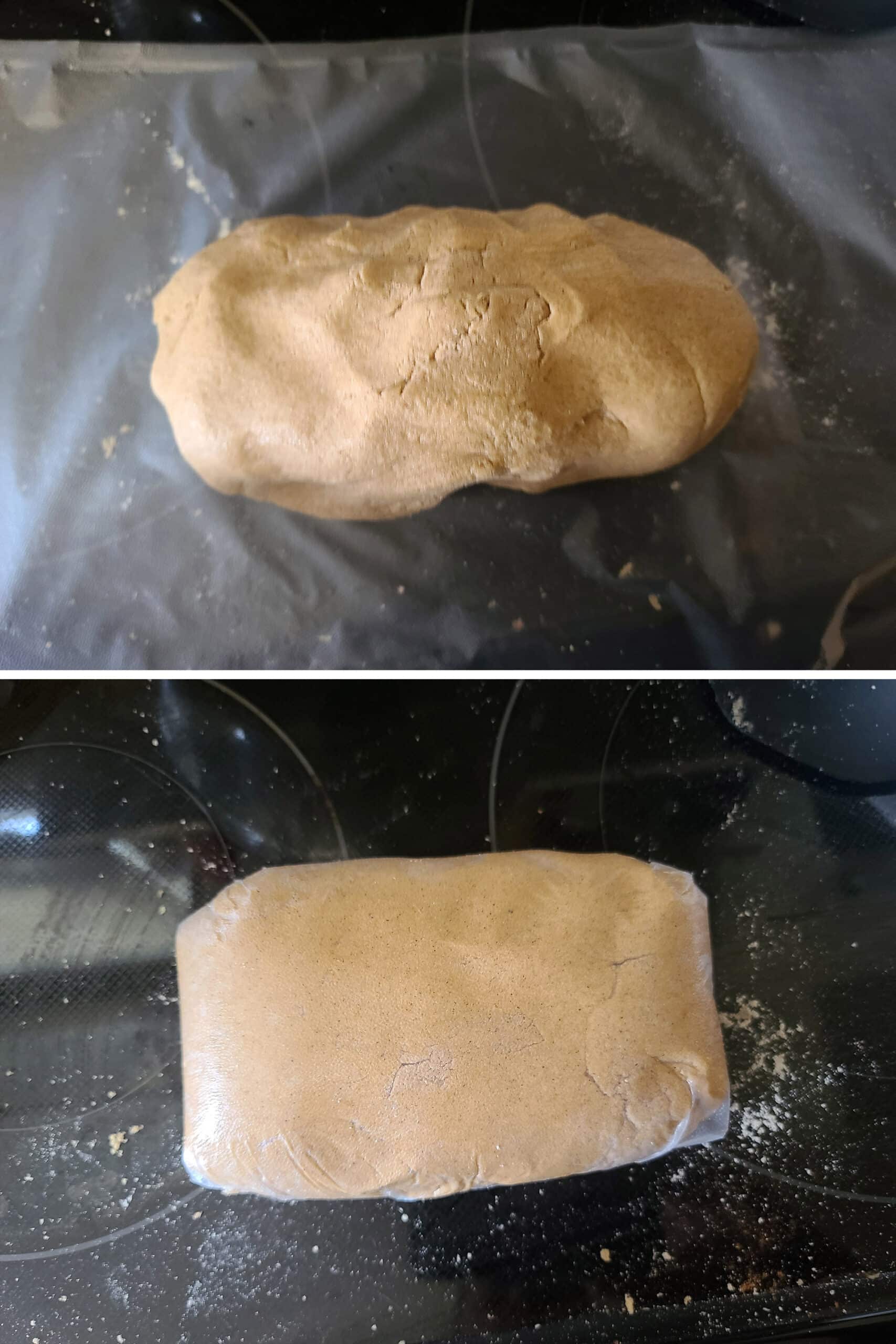 2 part image showing a light brown ball of keto cookie dough being wrapped in plastic wrap.