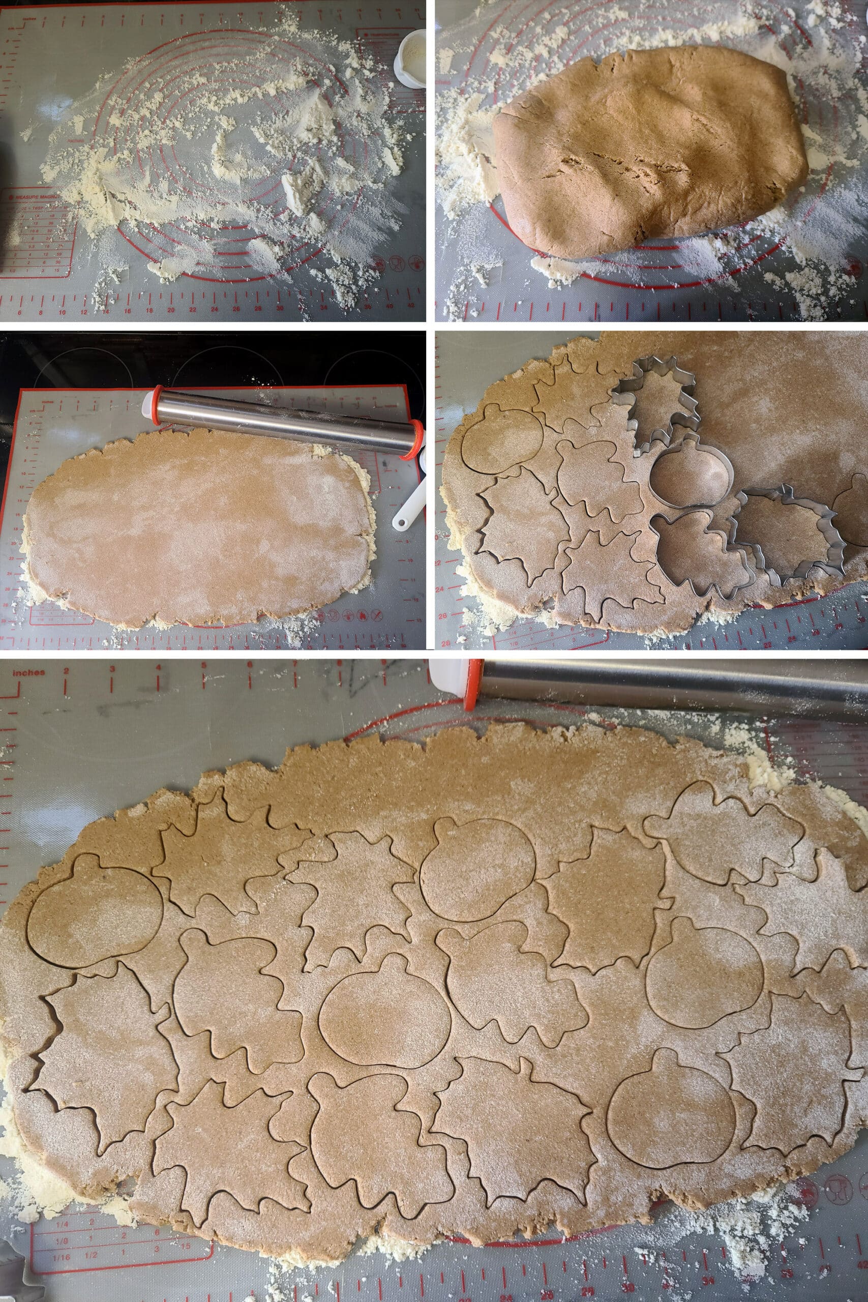 5 part image showing the keto pumpkin spice sugar cookie dough being rolled out and cut into leaf shapes.
