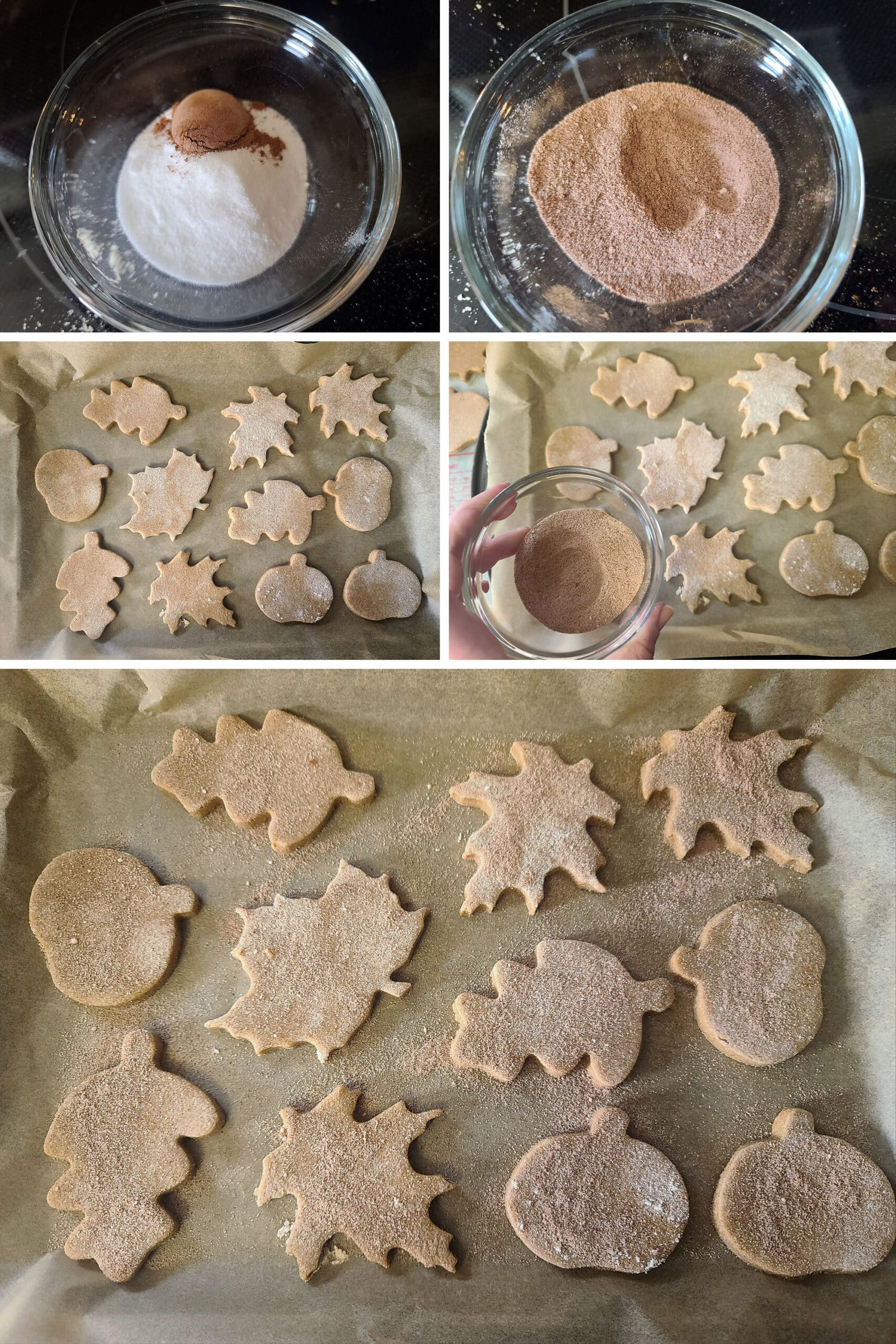 5 part image showing the sugar substitute being mixed with pumpkin pie spice and sprinkled over leaf shaped unbaked keto cookies.