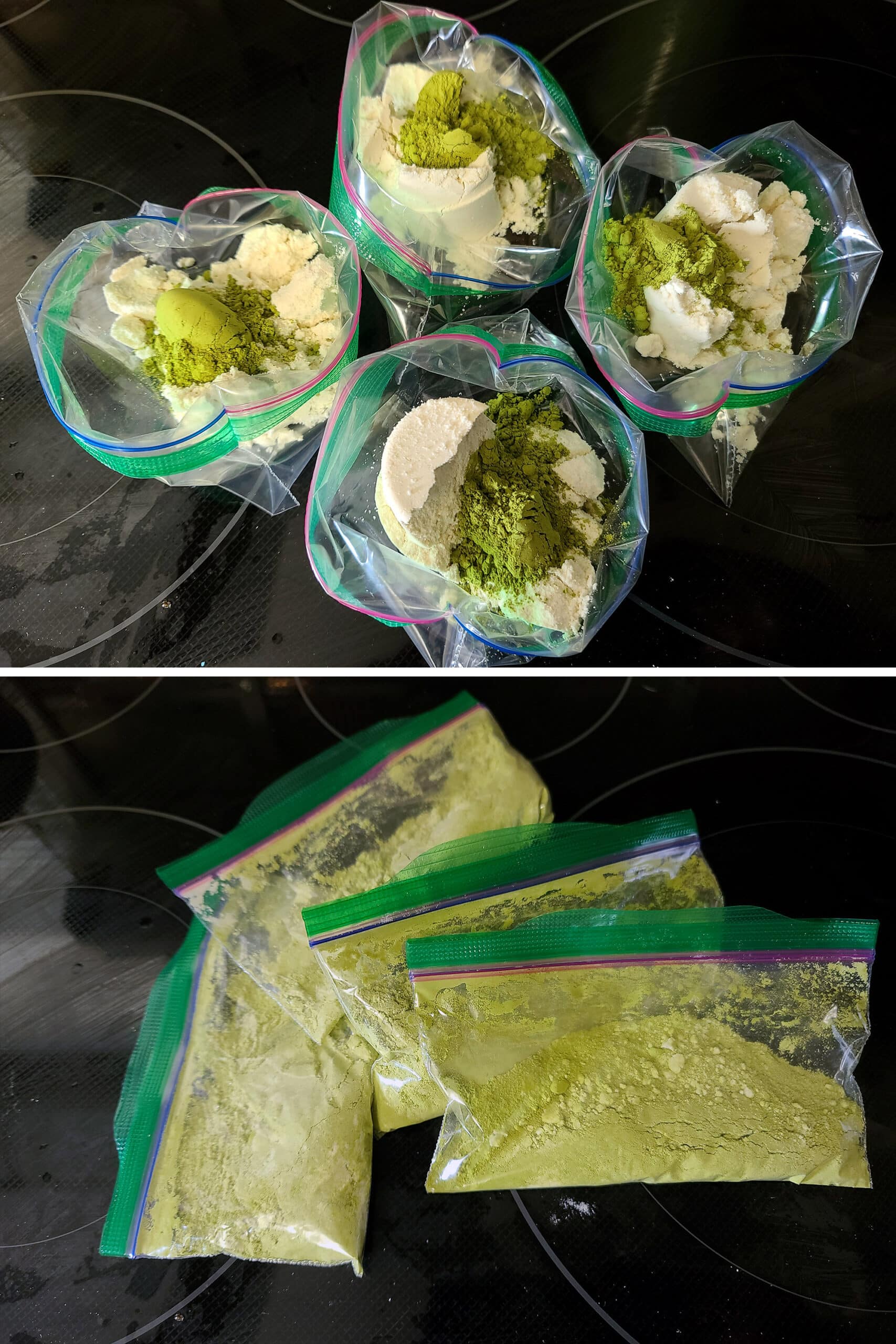 2 part image showing protein powder matcha latte ingredients being measured into baggies, mixed, and sealed.