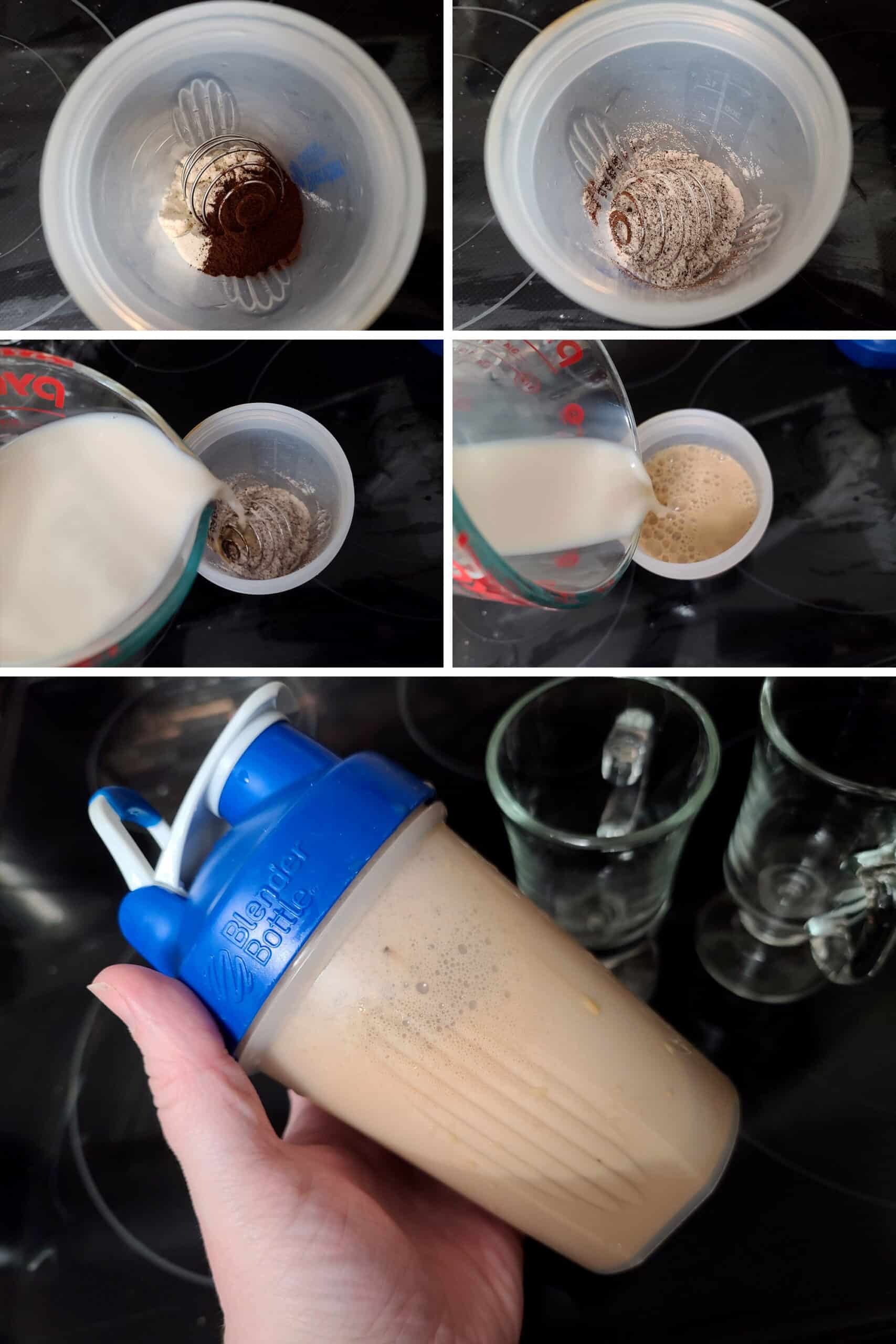 5 part image showing a protein cappucino being mixed in a shaker bottle