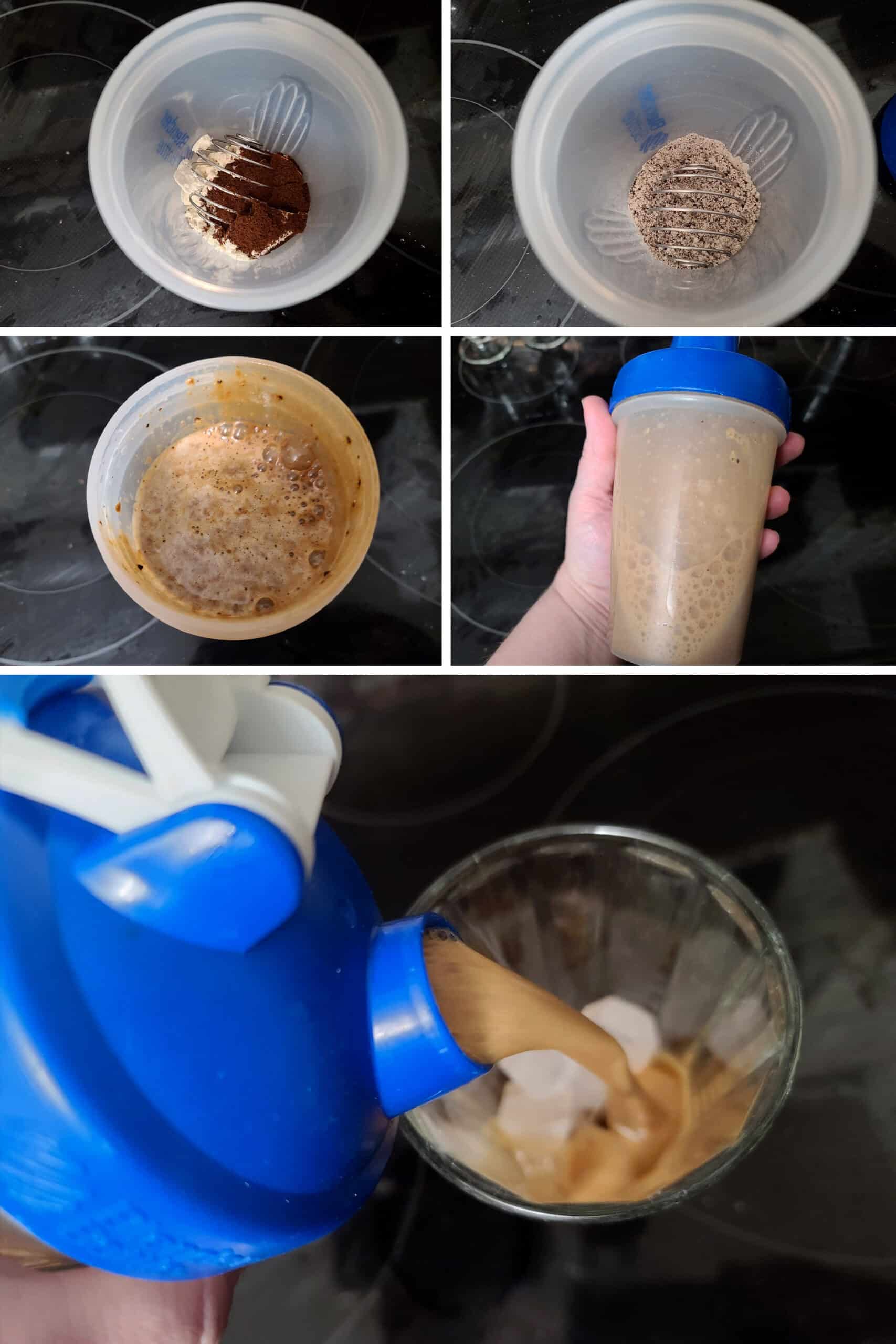 5 part image showing a tall glass of protein iced coffee being mixed in a shaker and poured over ice.