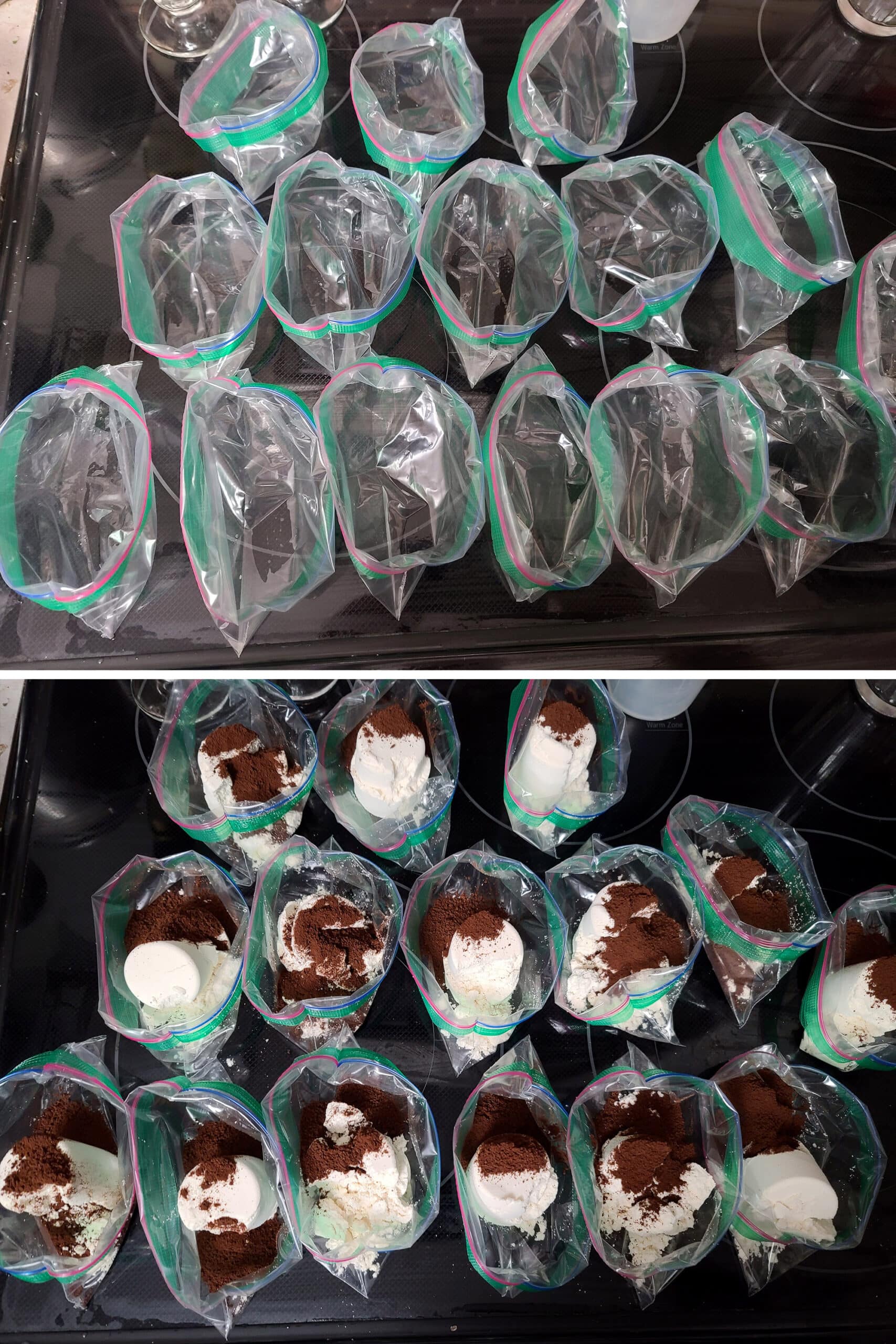 A 2 part image showing 10 small plastic baggies being filled with protein iced coffee dry ingredients.