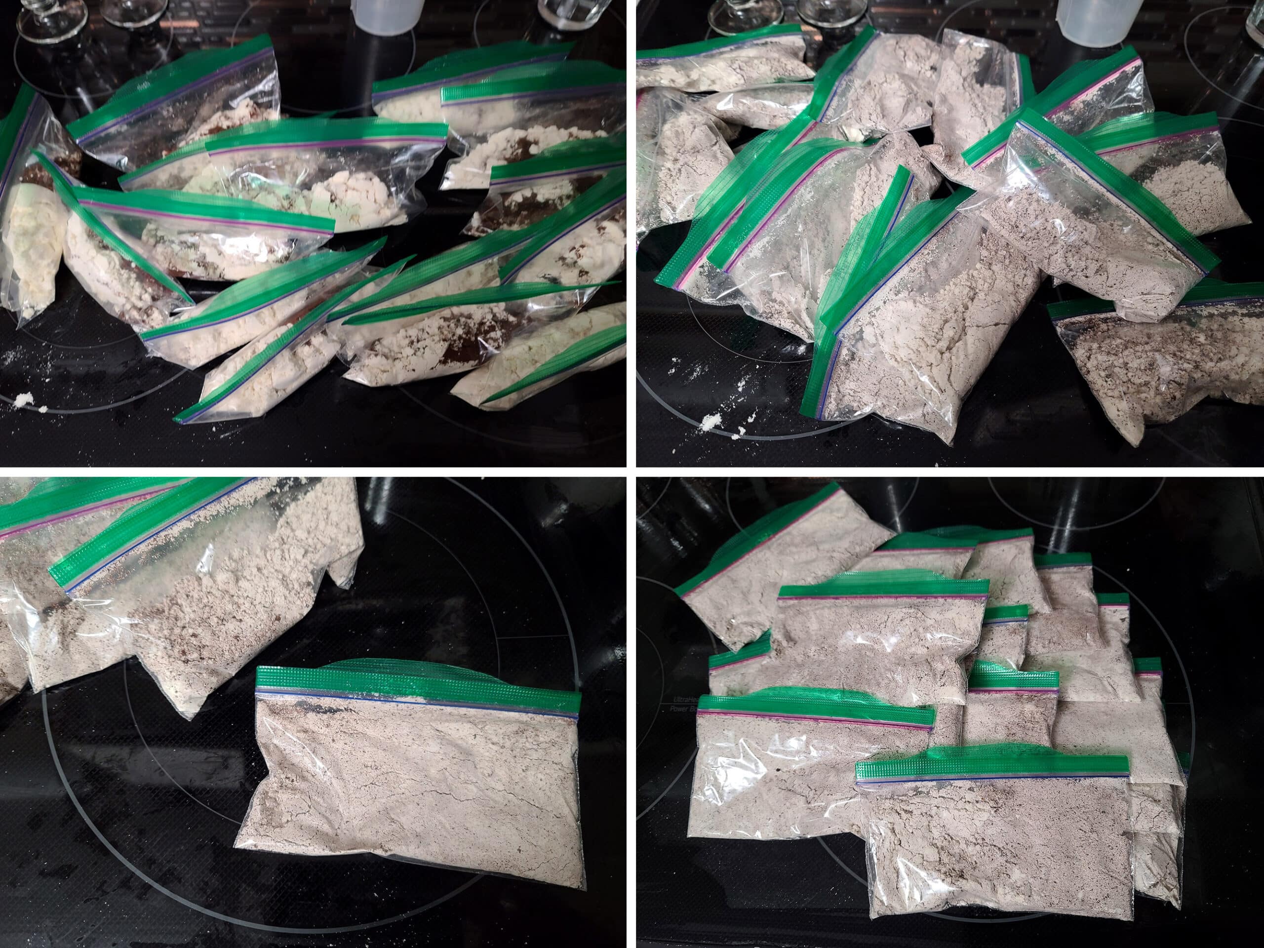 4 part image showing the ingredients being mixed in the bags, then the air pressed out and bags sealed.