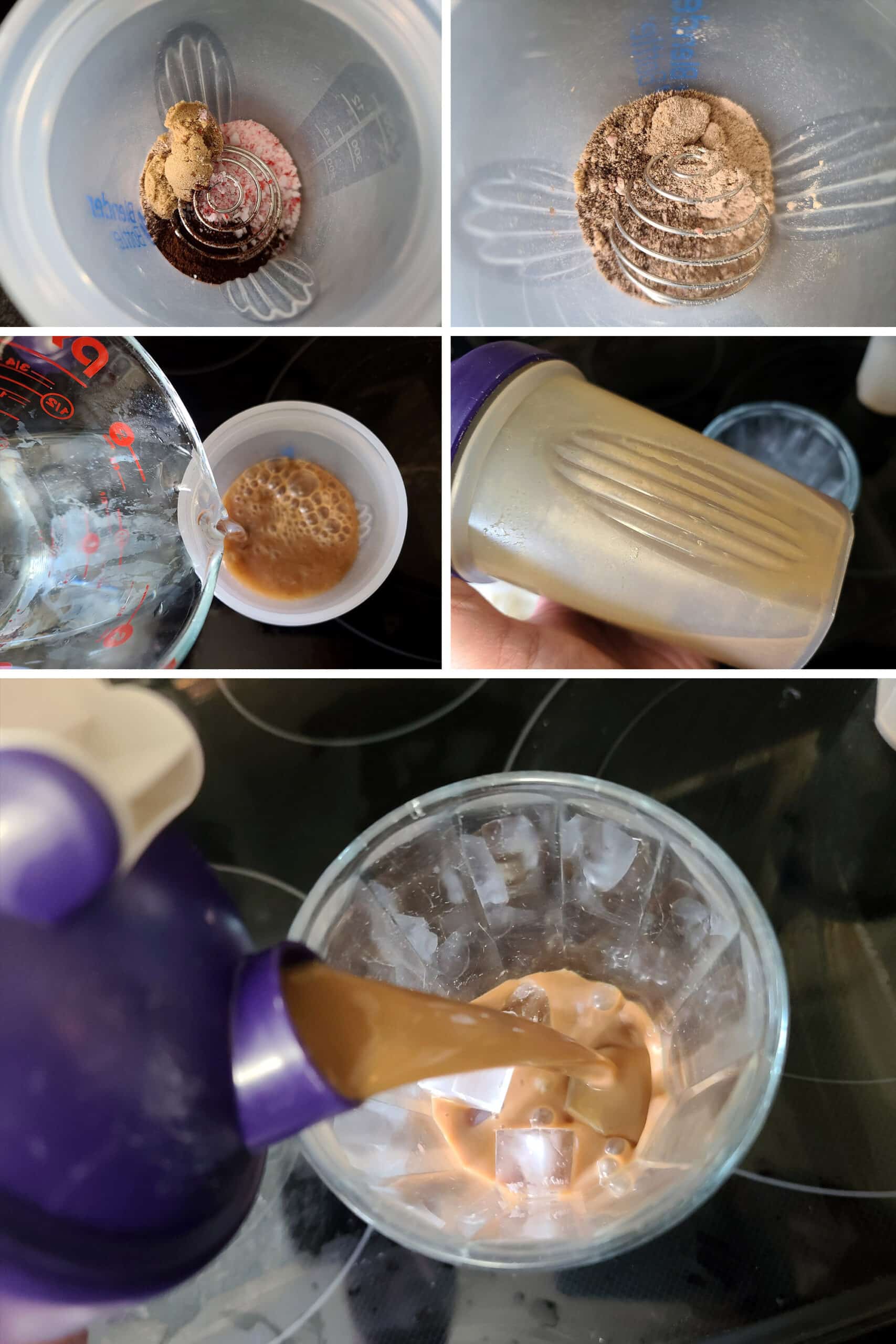 5 part image showing a high protein keto peppermint mocha latte being mixed in a shaker bottle and poured over ice.