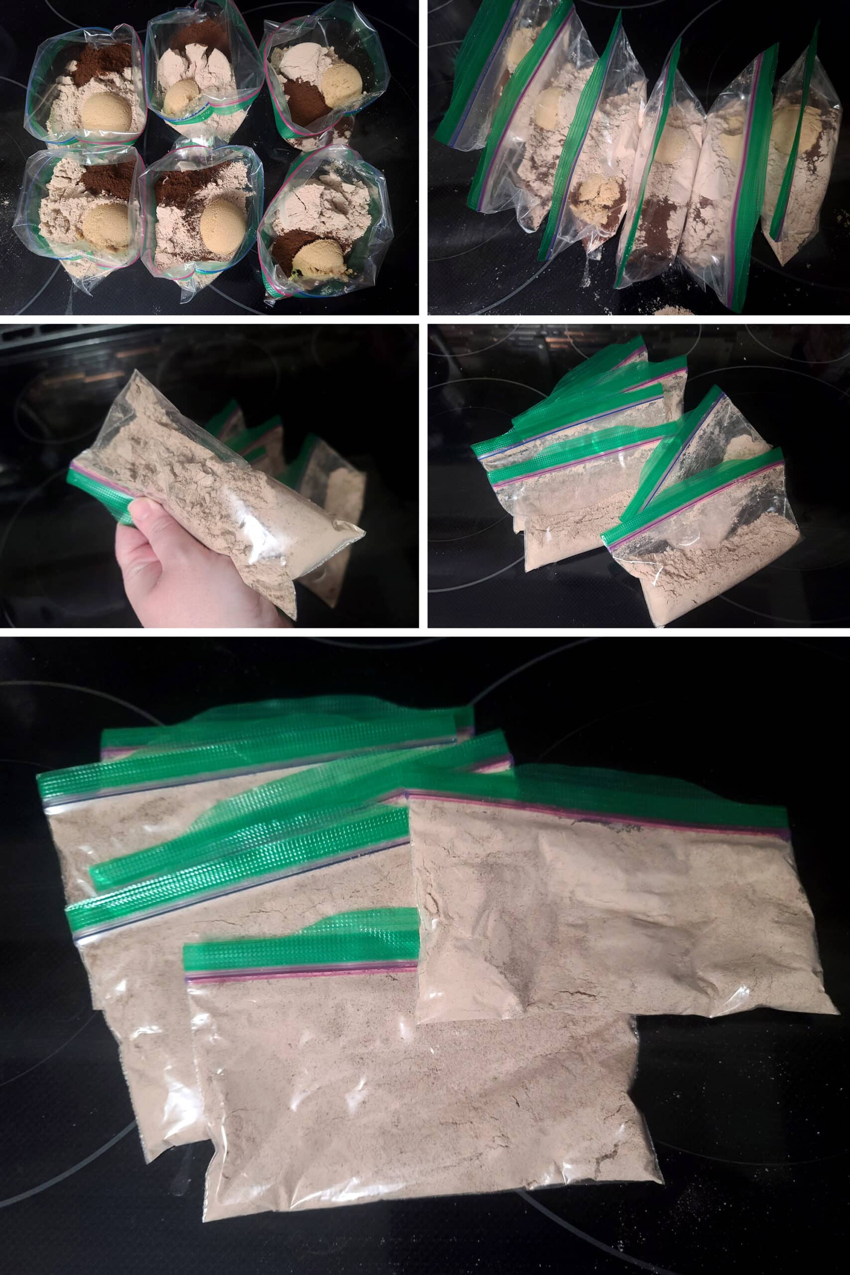 5 part image showing protein powder mocha latte ingredients being measured into plastic baggies, mixed, and sealed.