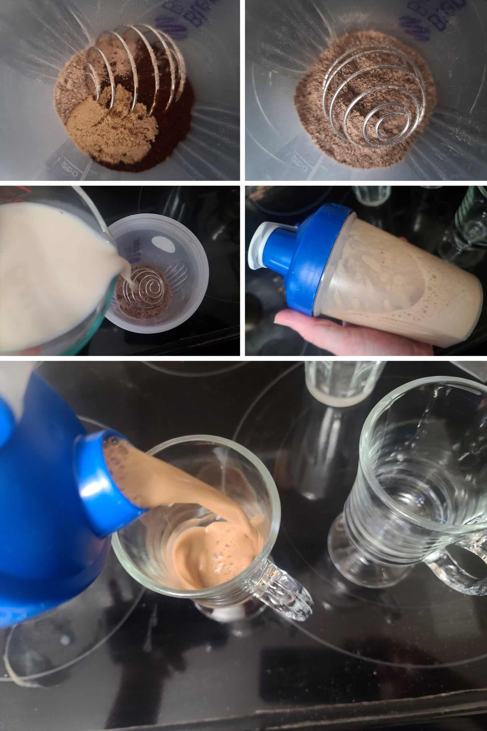 5 part image showing a protein mocha latte being mixed in a shaker and poured into a glass mug.