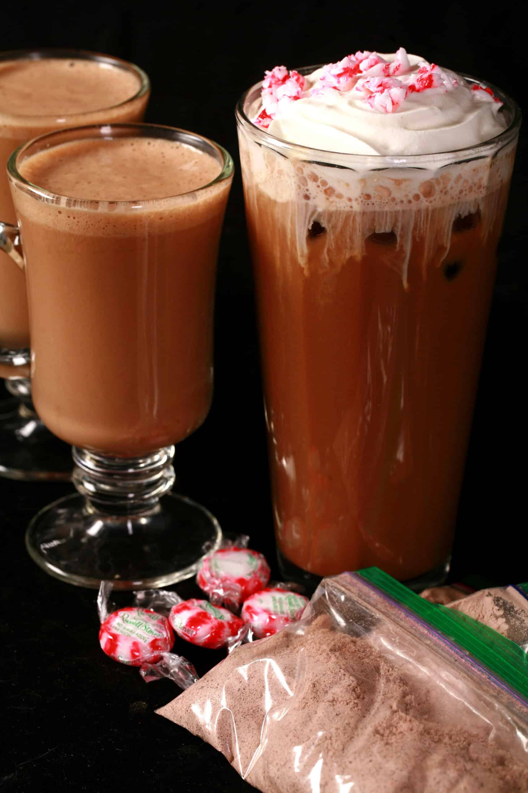 2 protein powder peppermint mochas and an keto iced peppermint mocha, along with several baggies of mix. 