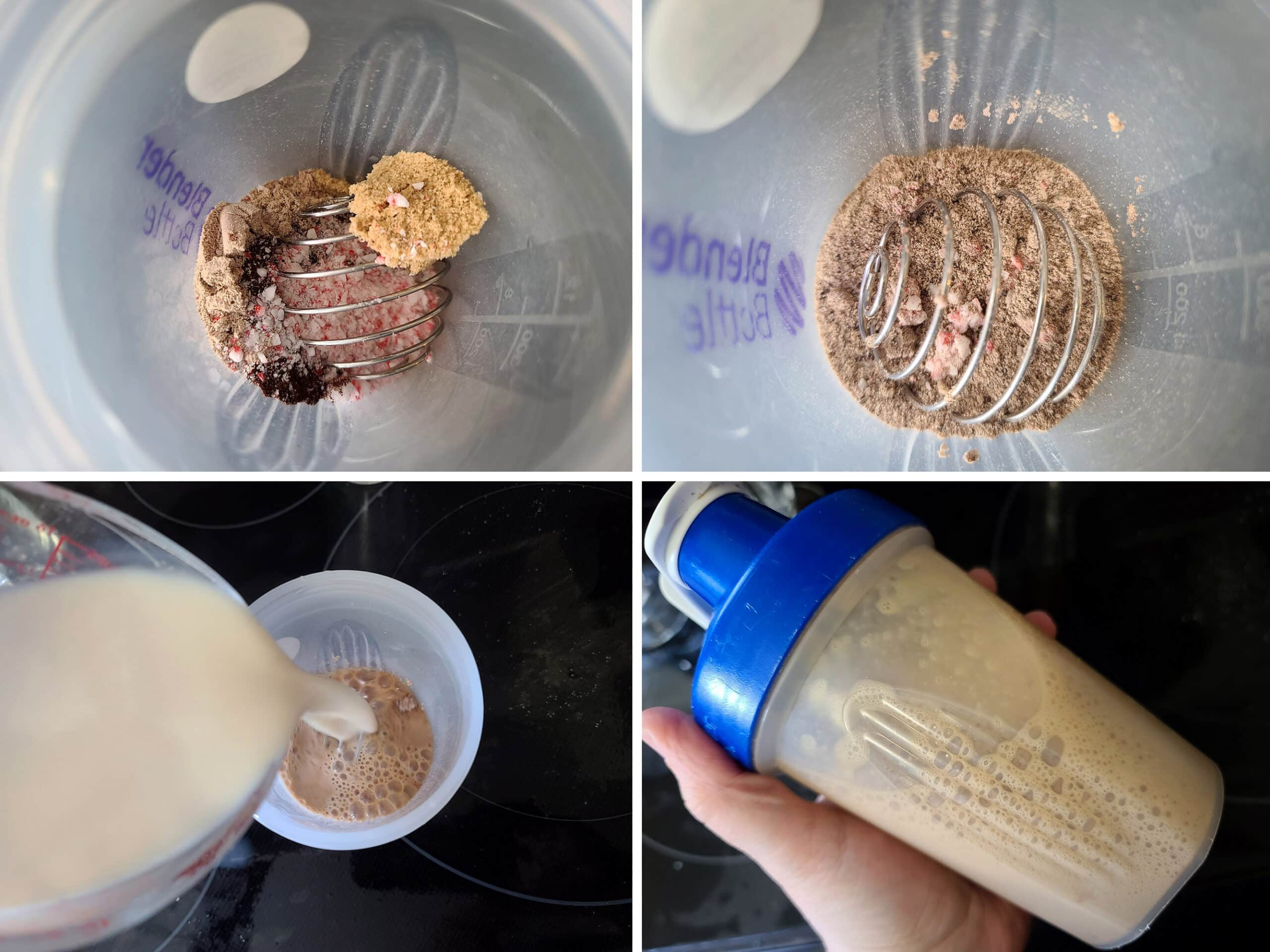 4 part image showing a protein powder keto peppermint mocha being mixed in a shaker bottle.
