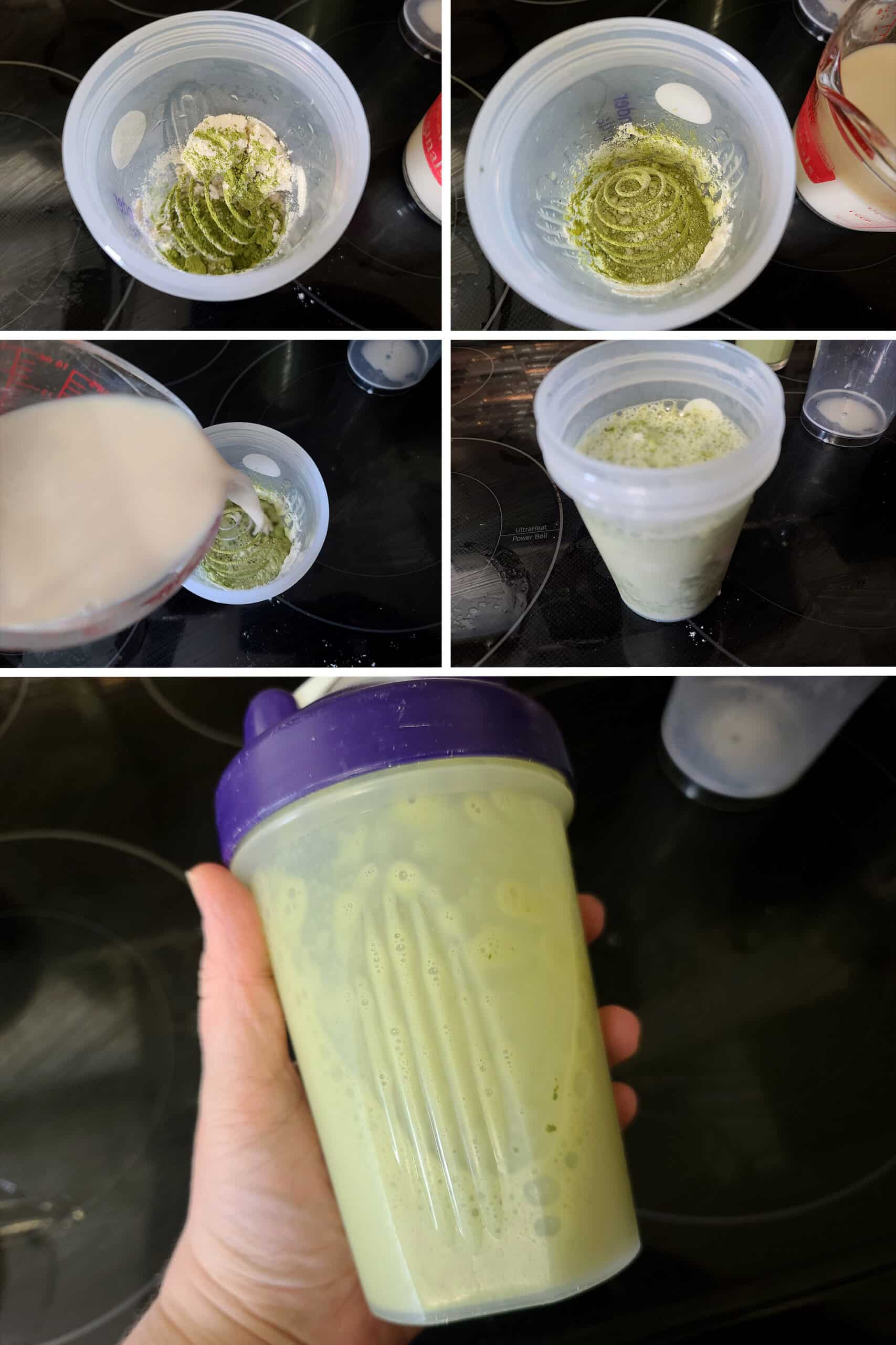 5 part image showing a keto matcha latte being mixed in a shaker.