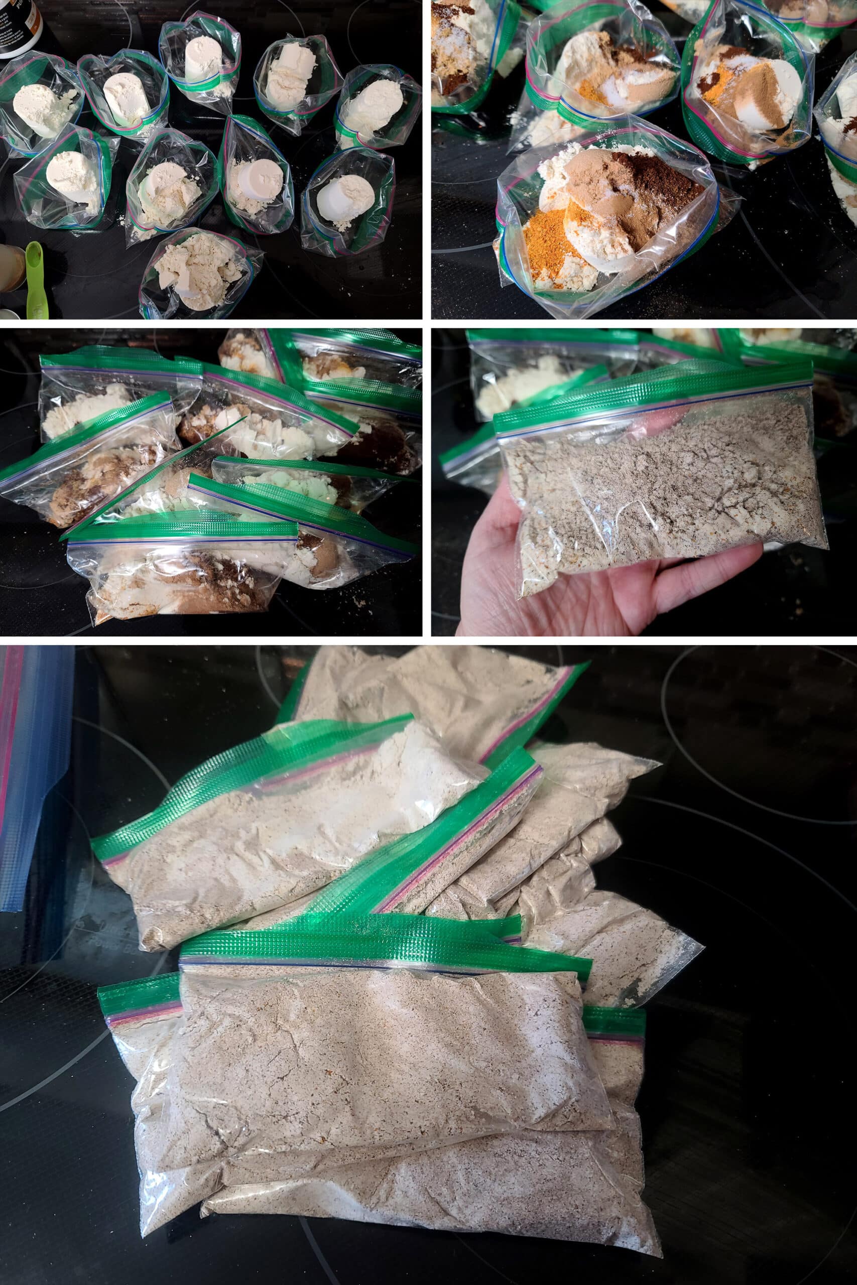 5 part image showing high protein keto pumpkin spice latte mix ingredients being measured into baggies, mixed, and sealed.