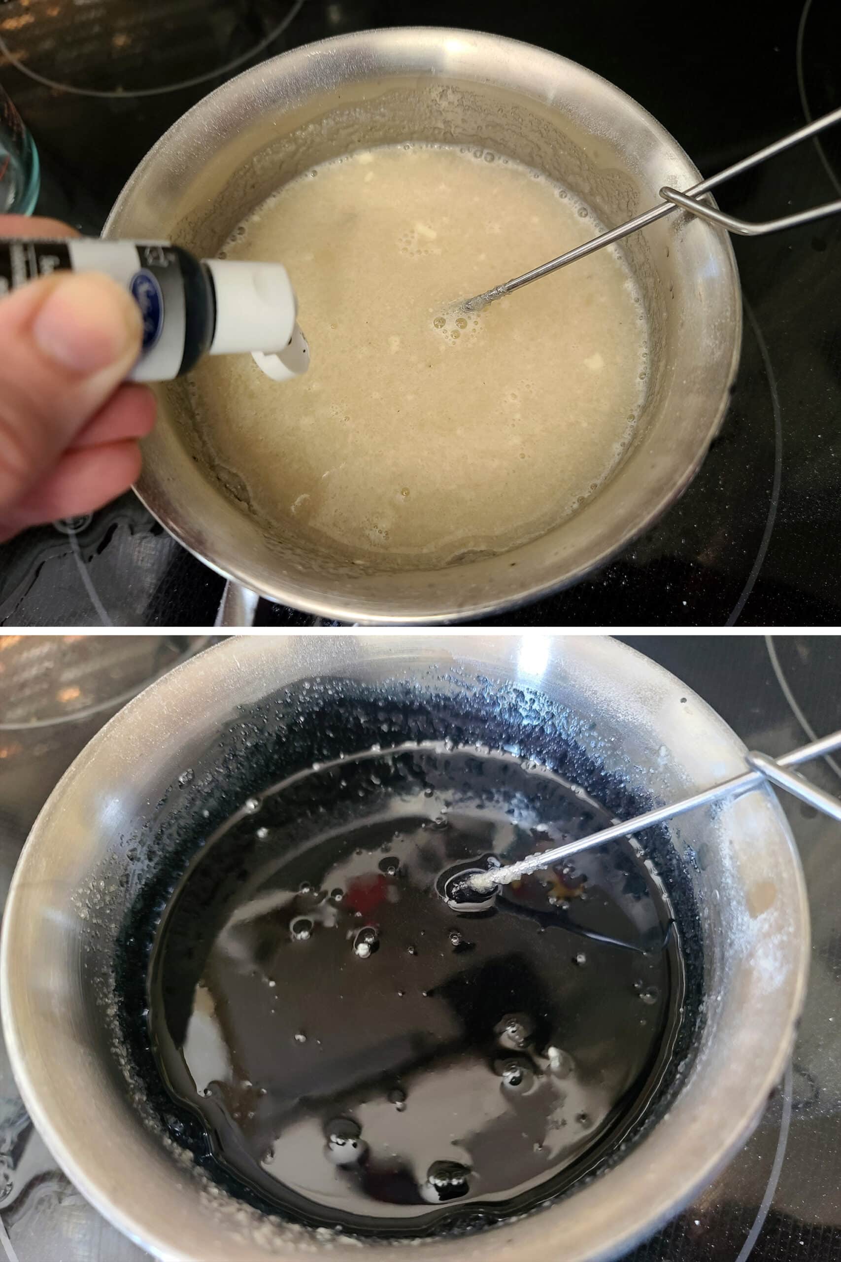 2 part image showing black gel food colouring being mixed into the gummy mixture.