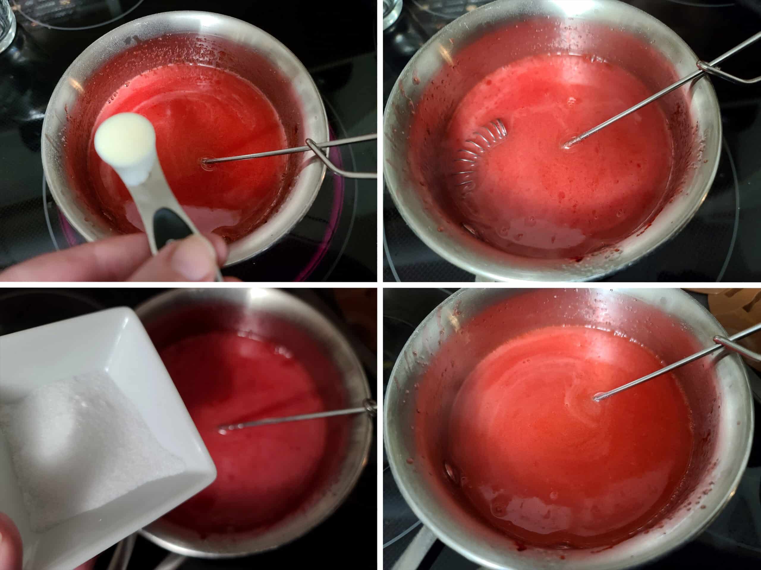 4 part image showing the flavourings and citric acid being added to red gummy mixture.