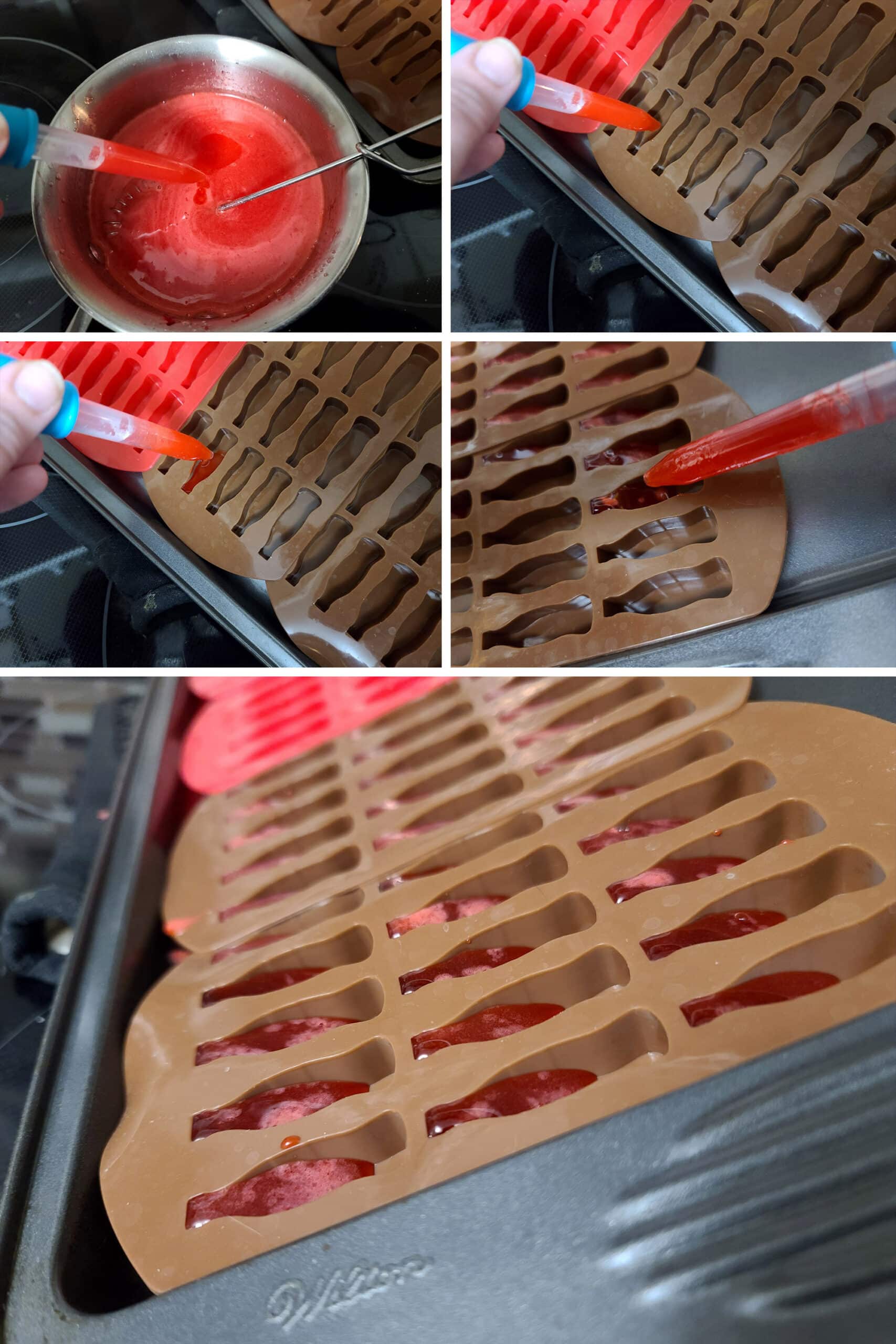 5 part image showing a dropper being used to fill each bottle shaped mold cavity with red gummy mixture.  Because the pan is on an angle, the mixture is flooding the top of each bottle, and extending down from there at an angle.