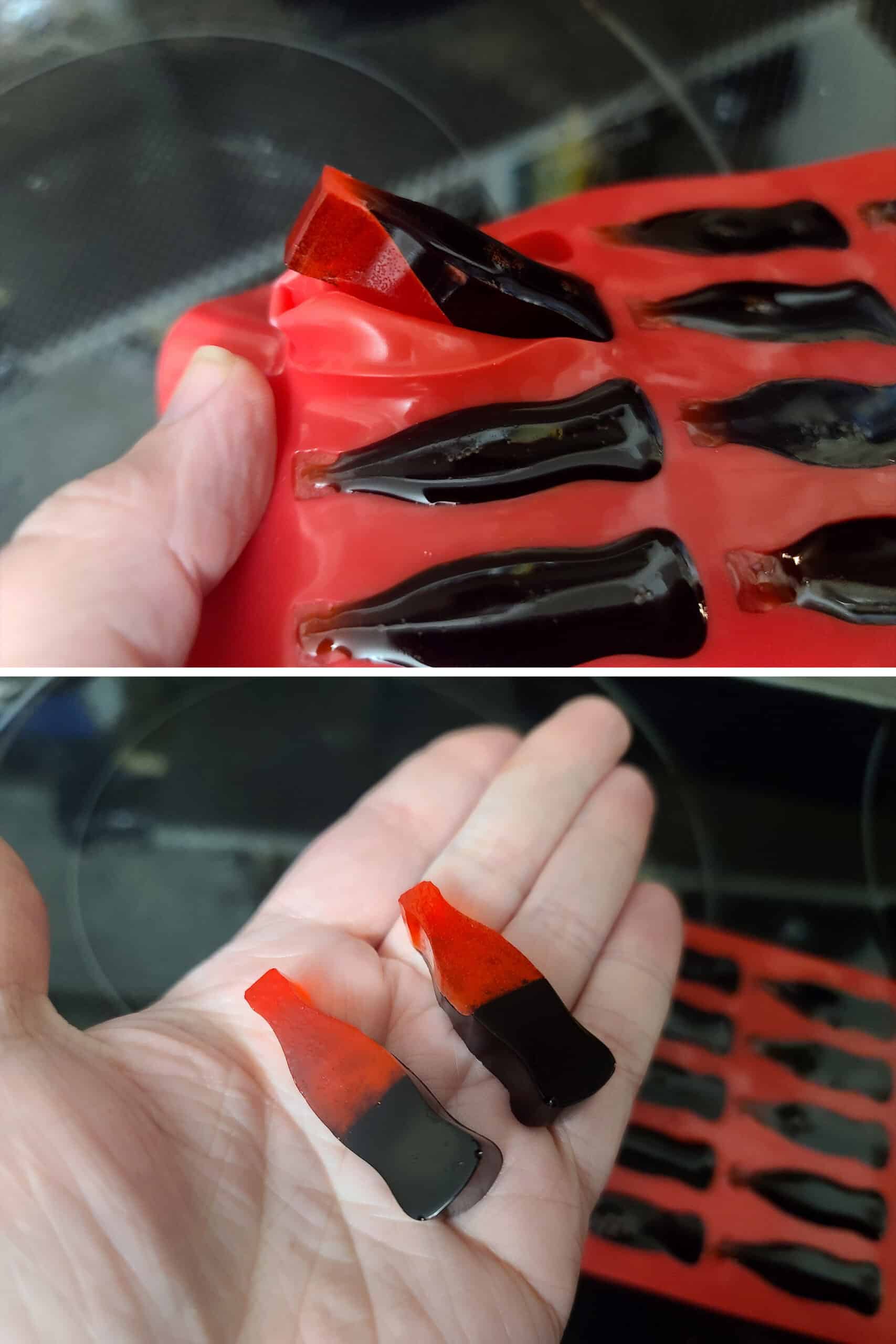 2 part image showing the finish gummies being popped out of the mold, and a hand holding 2 bicolor red and brown sugar free sour cherry cola bottle gummies.