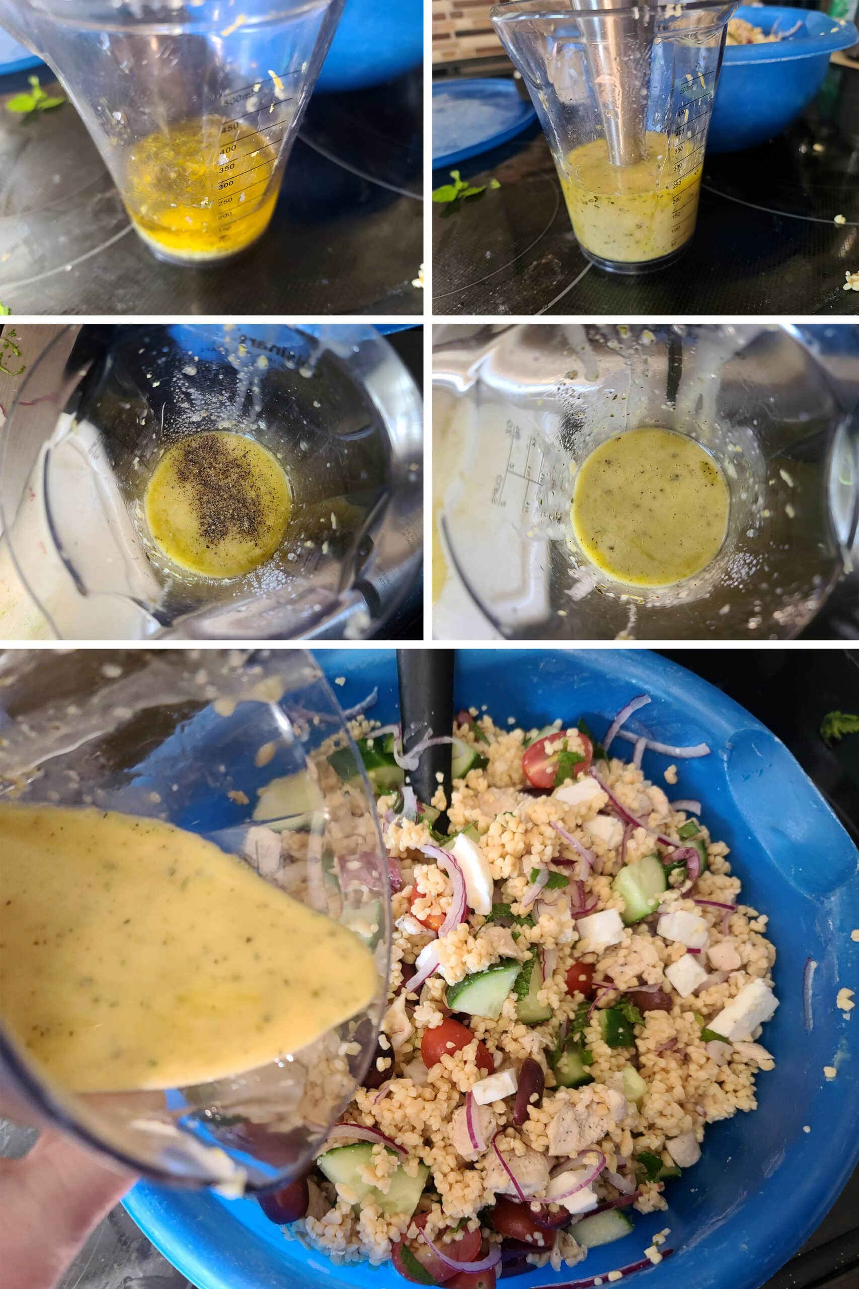 5 part image showing the greek vinaigrette being mixed in a cup and poured into the bowl of low carb orzo salad.