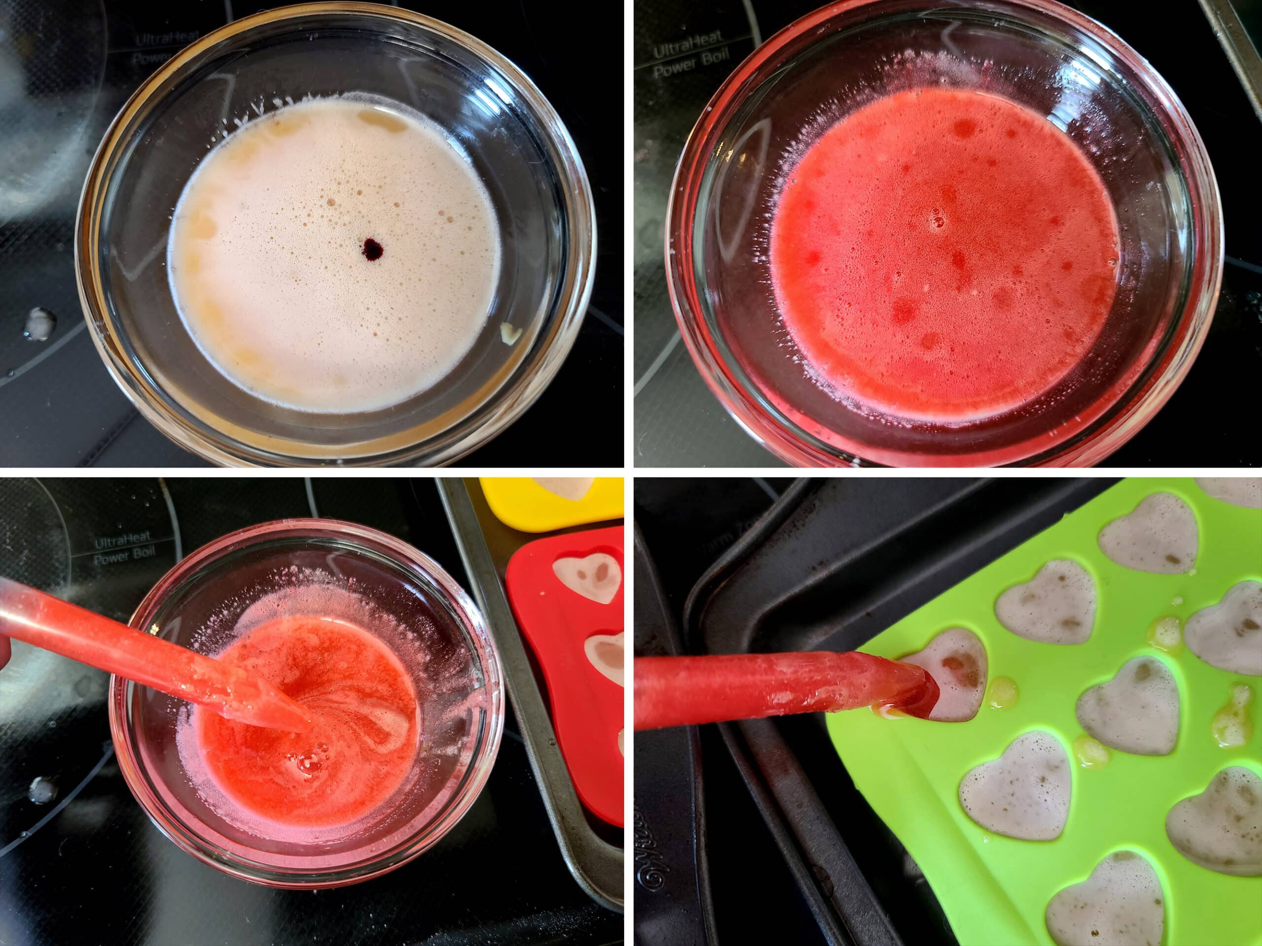 4 part image showing red dye being used to tint a small bowl of leftover sour peach gummy mixture, then drop it into the almost full molds.