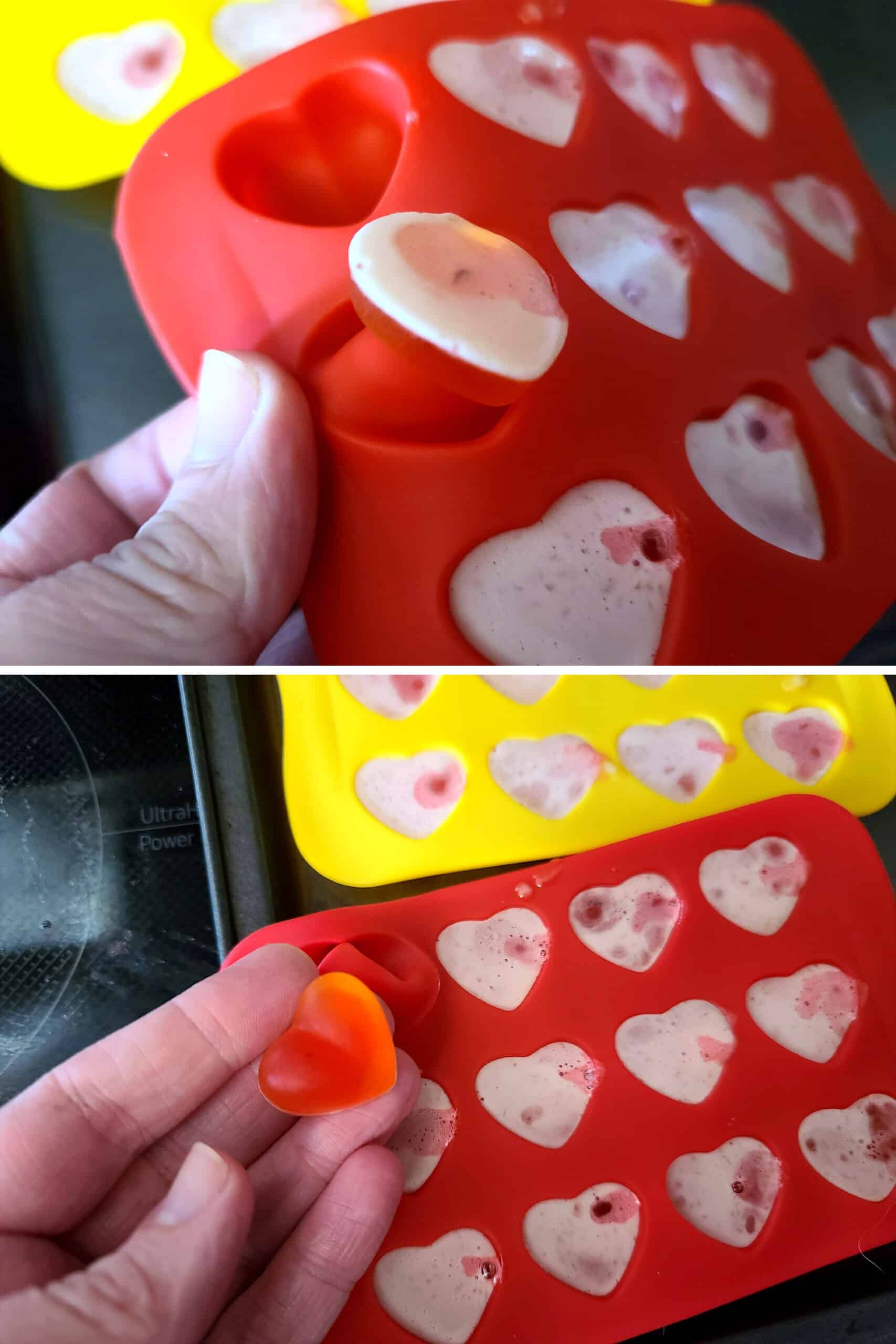 2 part image showing a hand popping a two coloured sour peach gummy out of the mold.