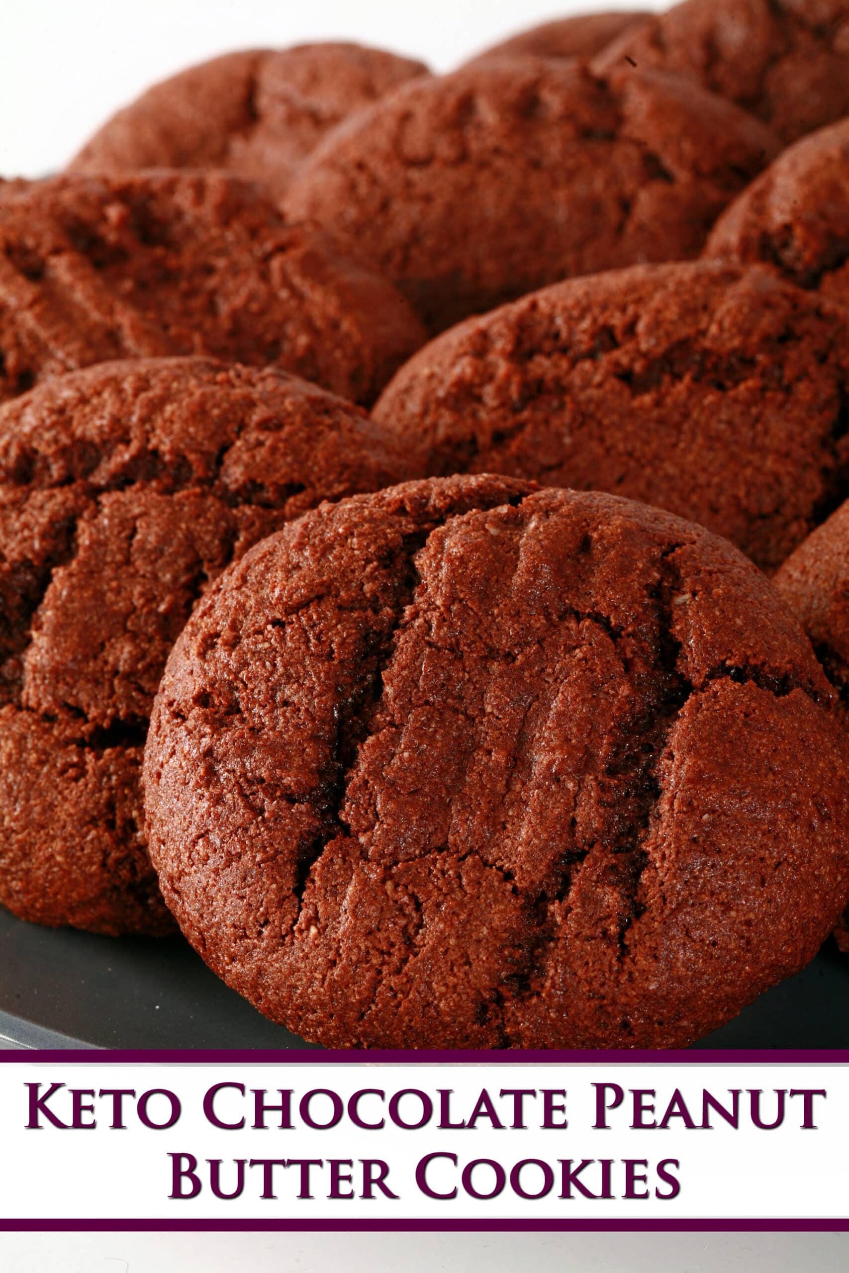 A plate of low carb chocolate peanut butter cookies, overlaid text says keto chocolate peanut butter cookies.