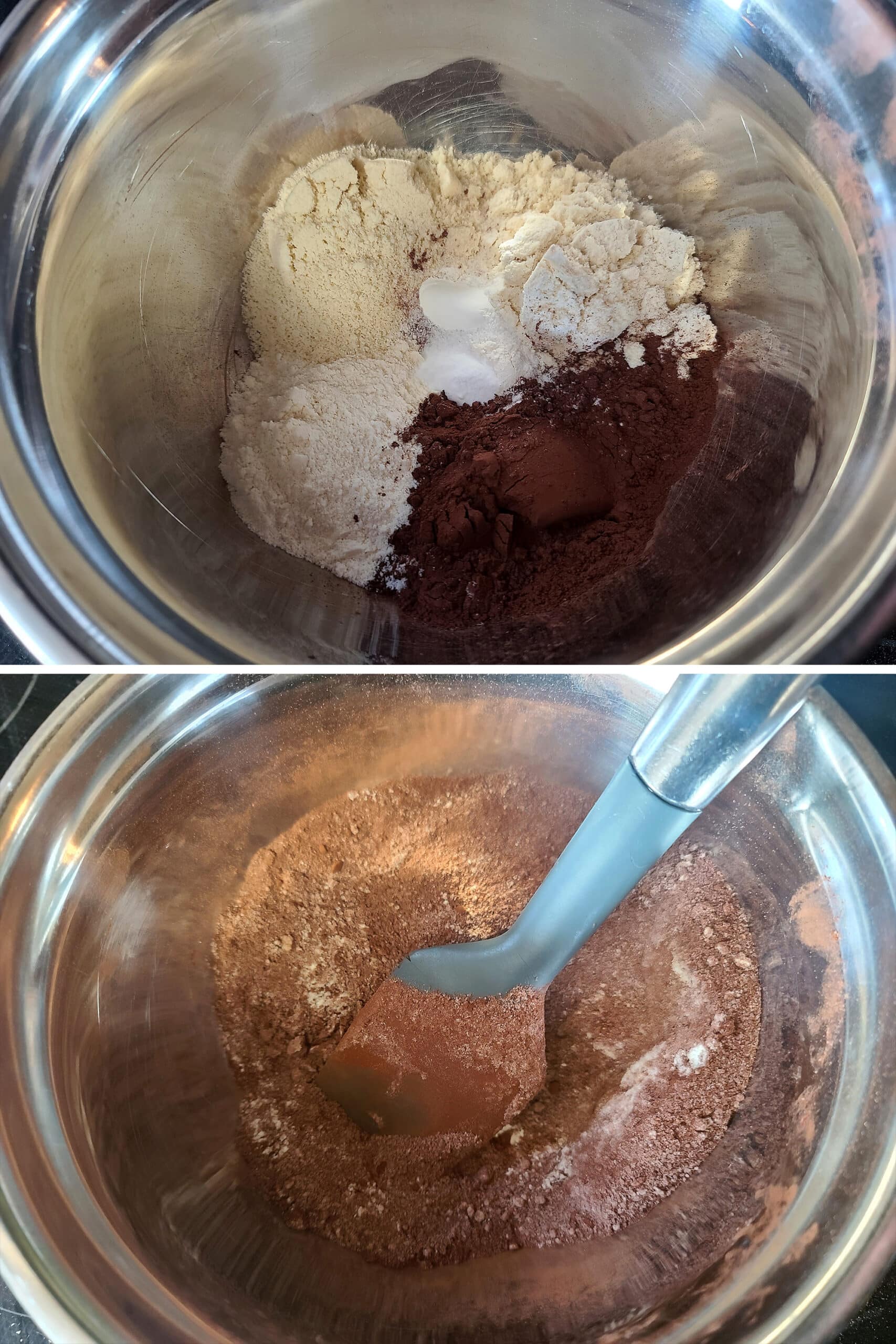 2 part image showing the dry ingredients being mixed together.