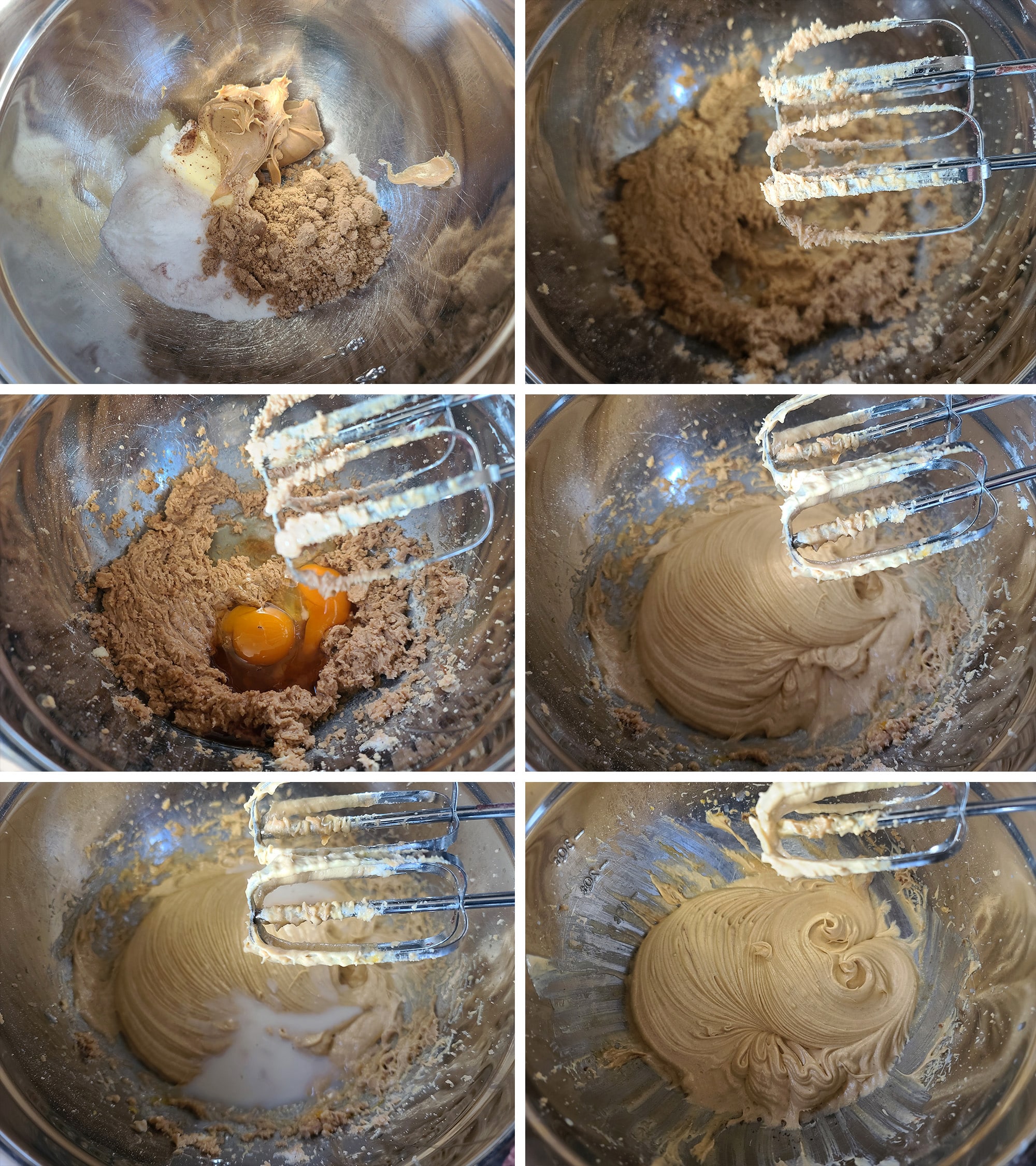 6 part image showing the butter, peanut butter, and sweeteners being creamed, then the eggs and vanilla added.