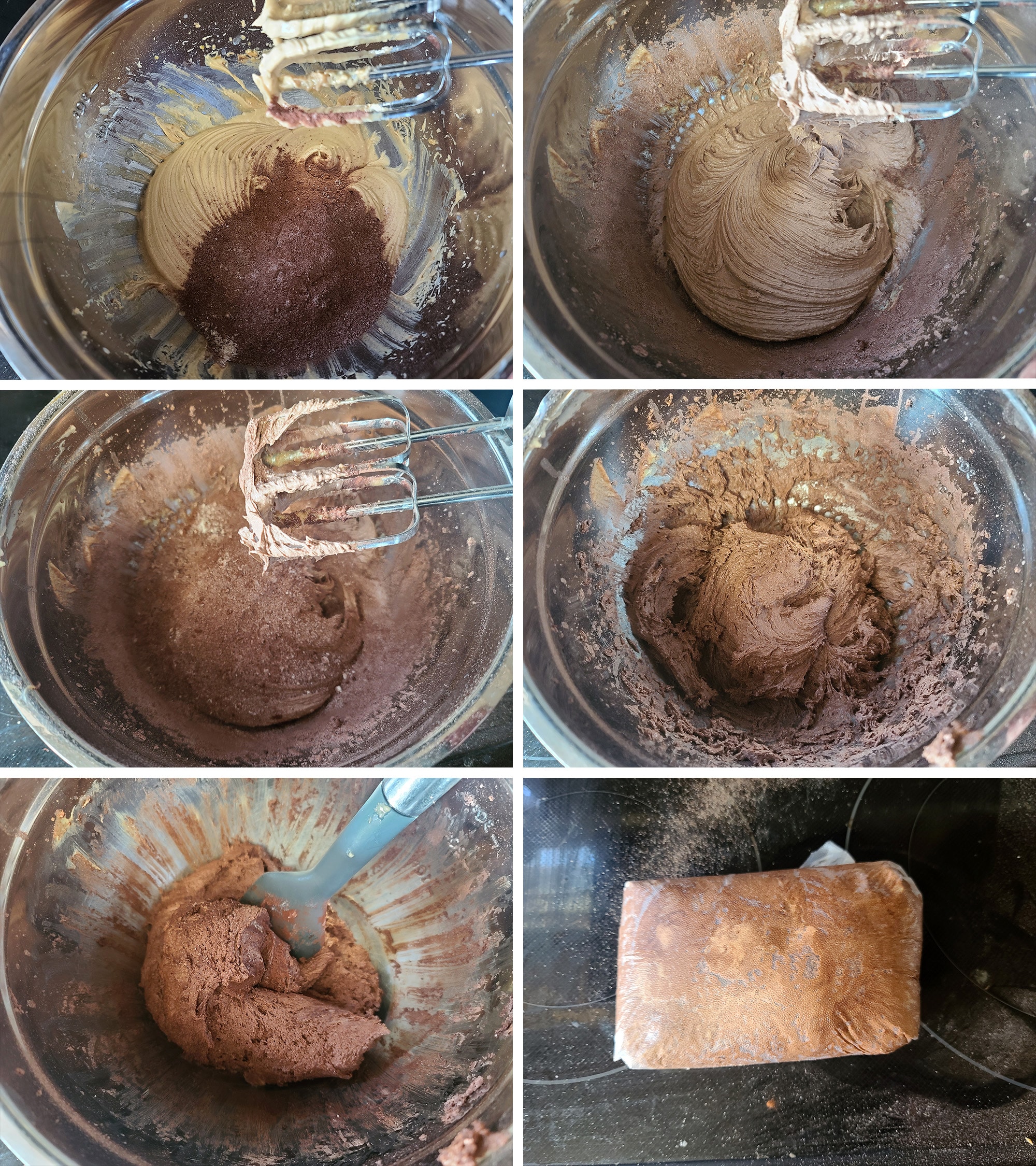 6 part image showing the dry ingredients being mixed into the wet ingredients and the cookie dough being wrapped in plastic.