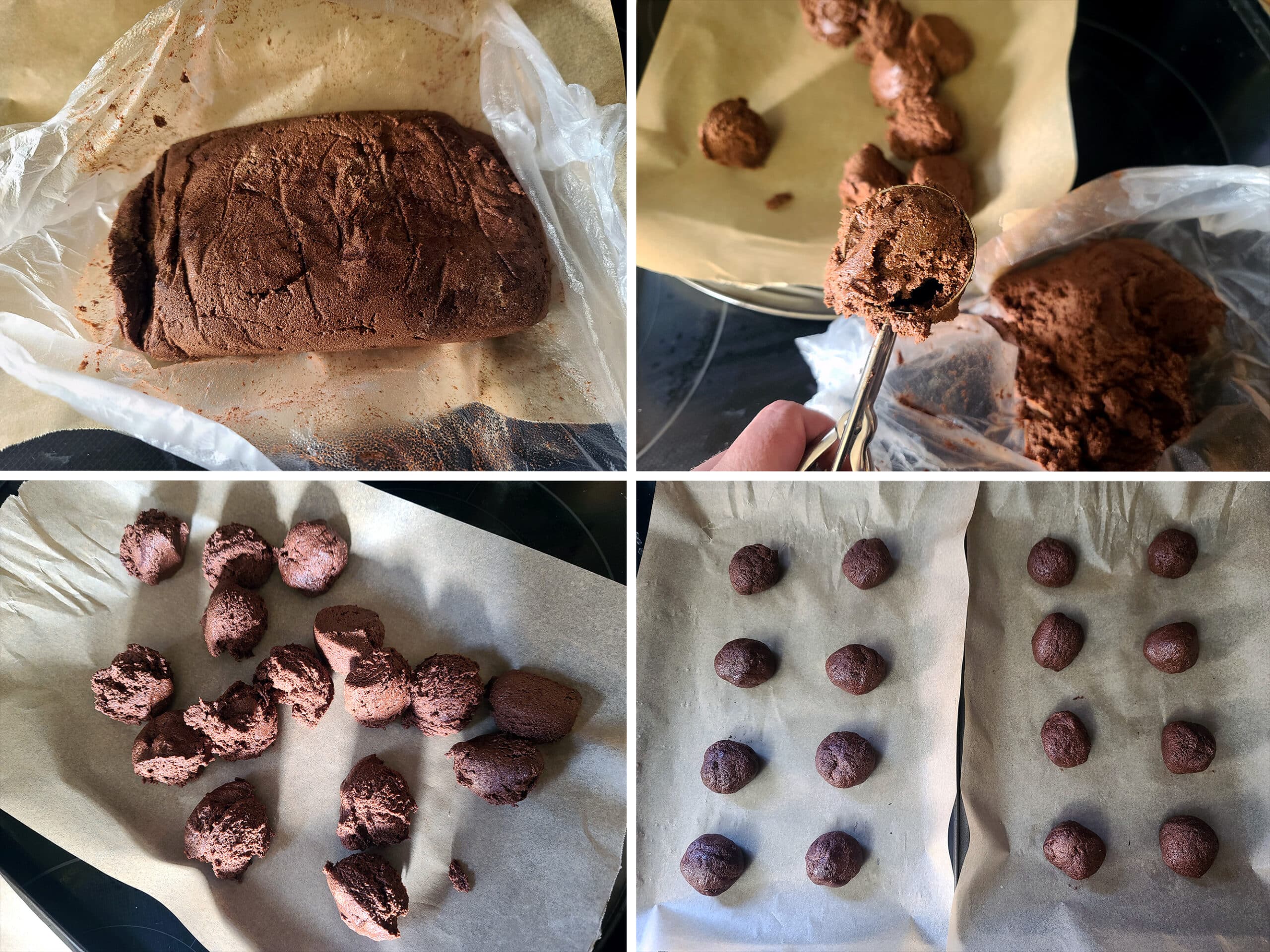 4 part image showing the keto cookie dough being rolled into balls and arranged on a lined baking pan.