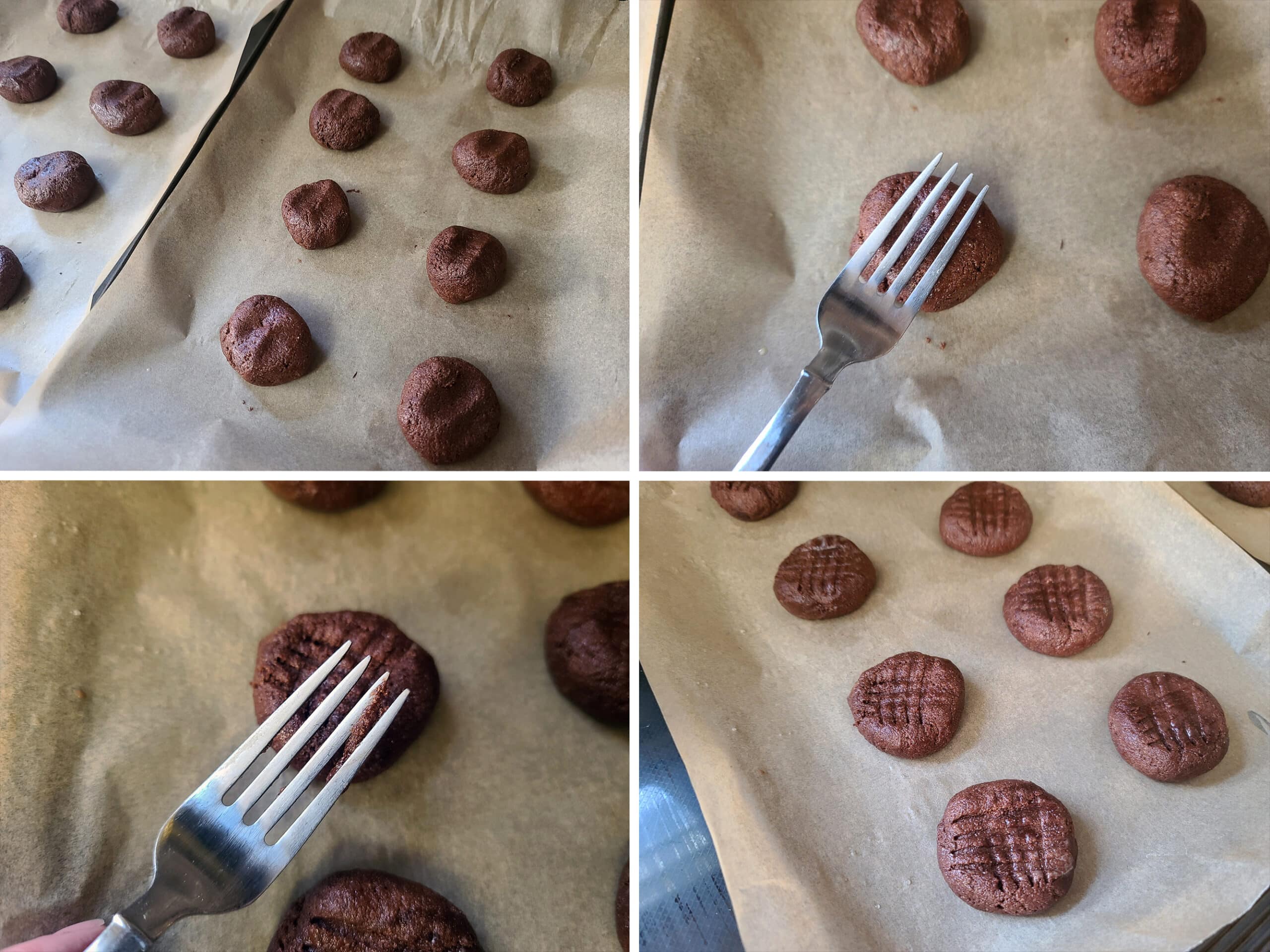 4 part image showing a fork being used to press a crosshatch mark on each cookie