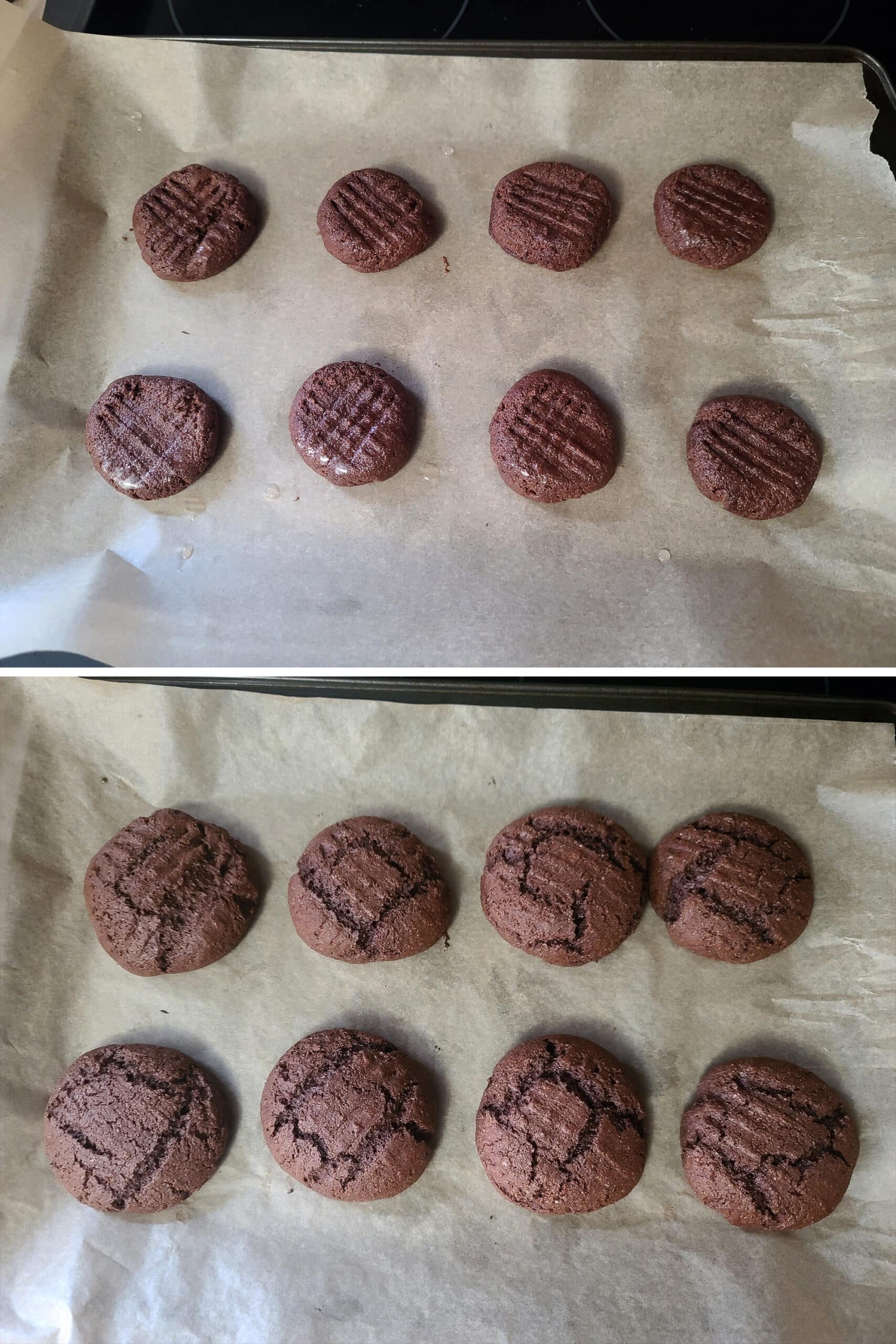 A pan of keto chocolate peanut butter cookies before and after baking.