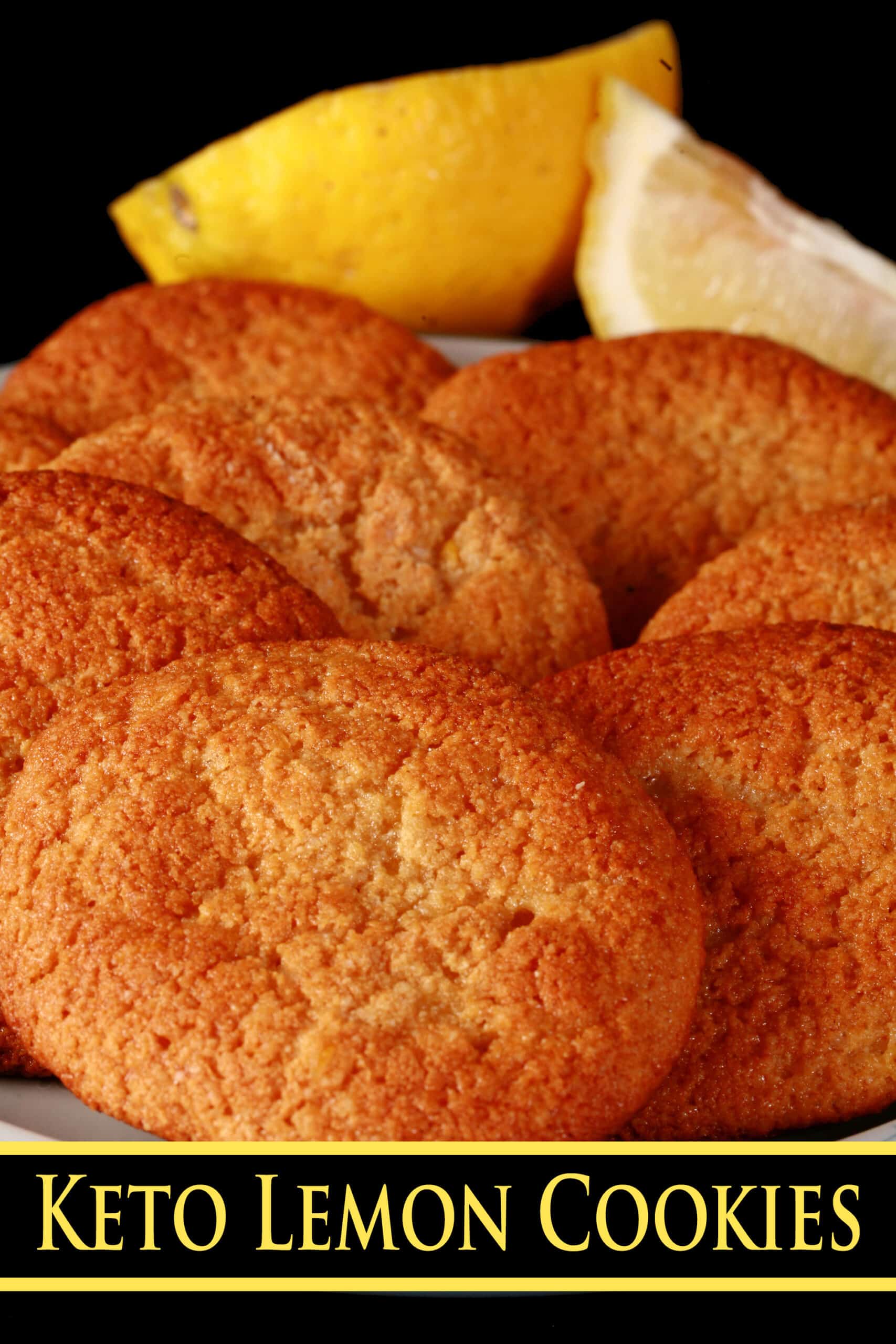 A plate of low carb lemon cookies, overlaid text says keto lemon cookies.