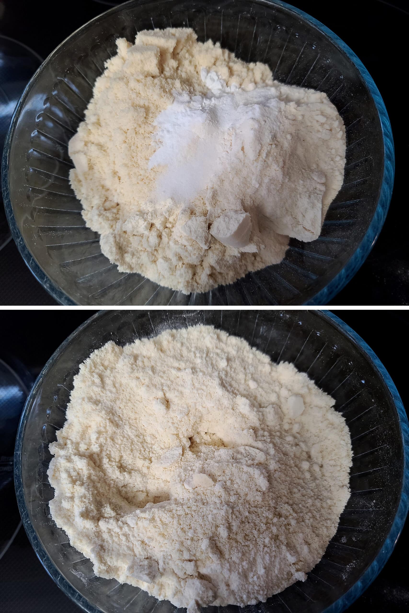 2 part image showing the dry ingredients being mixed.