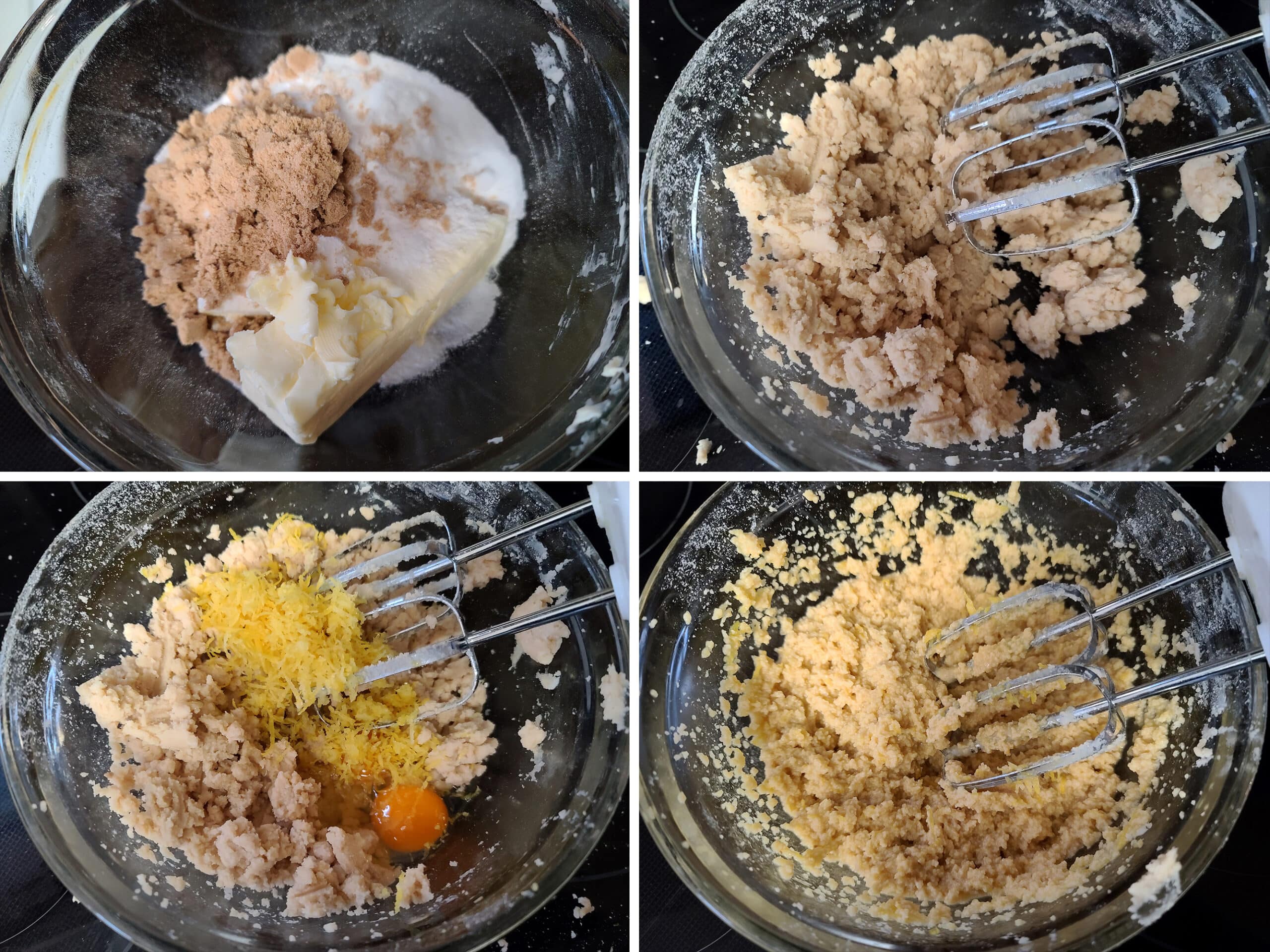 4 part image showing the sweeteners, butter, lemon zest, and eggs being creamed.