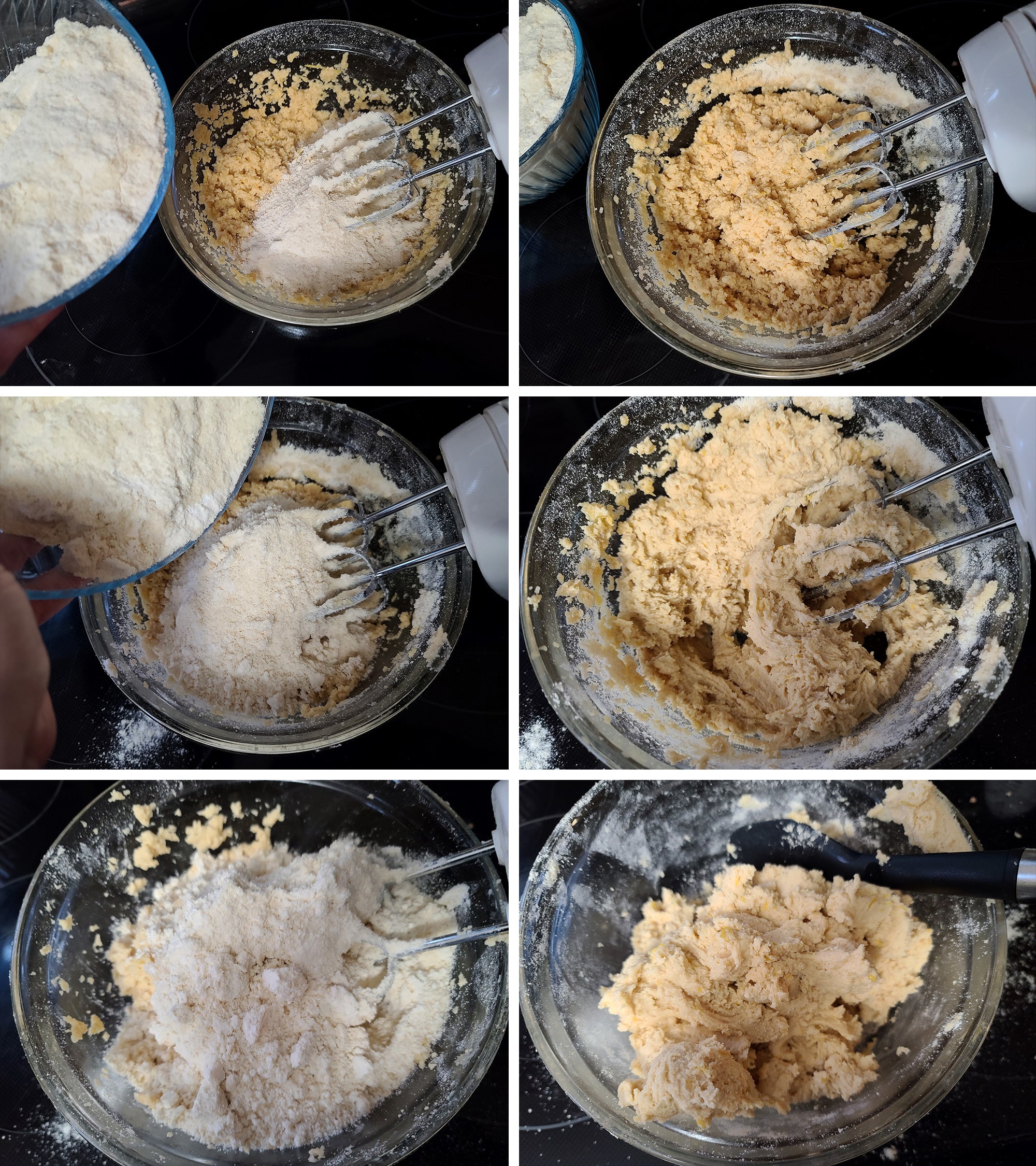 6 part image showing the dry ingredients being mixed into the wet ingredients.