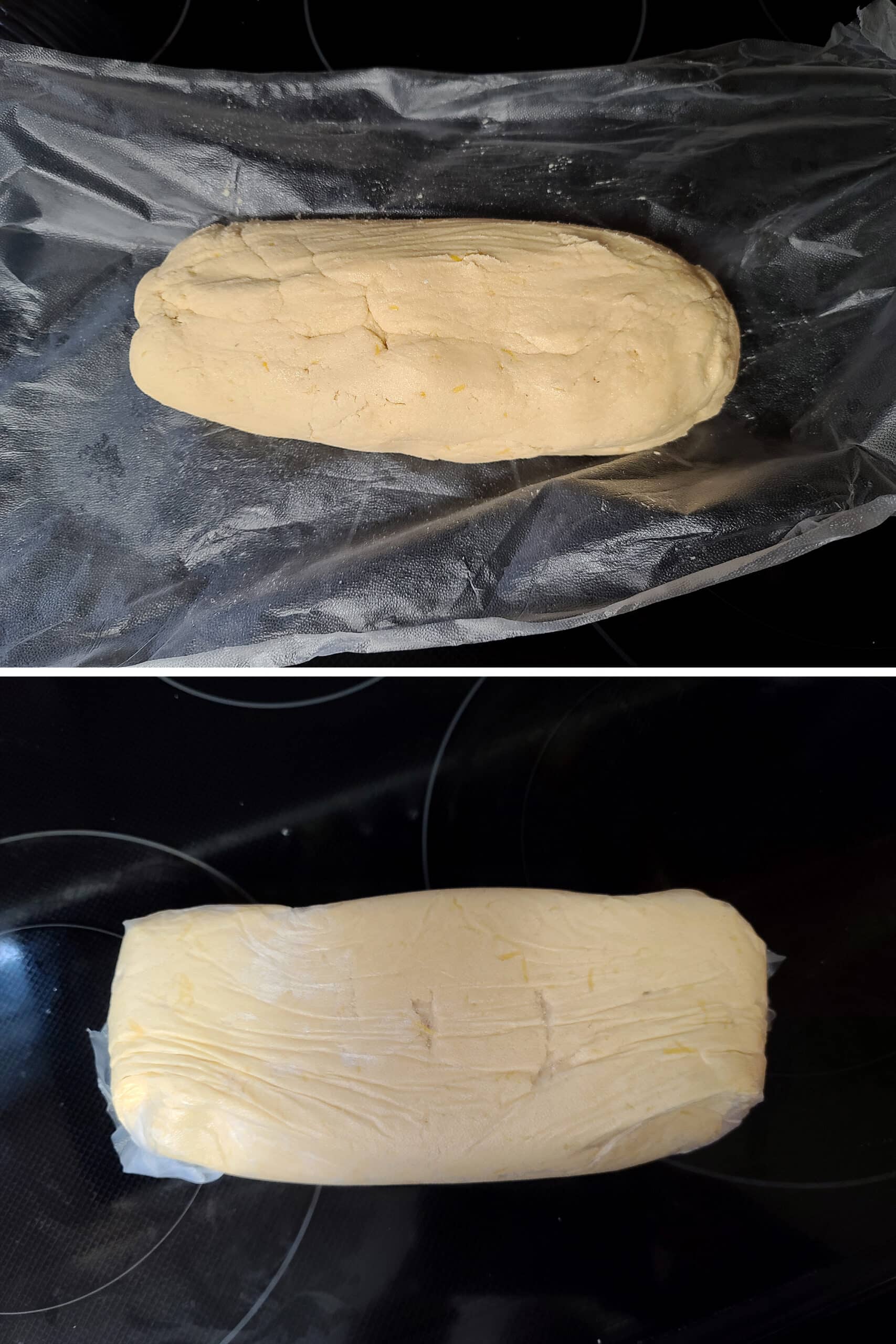 2 part image showing the keto lemon cookie dough being wrapped in plastic wrap.