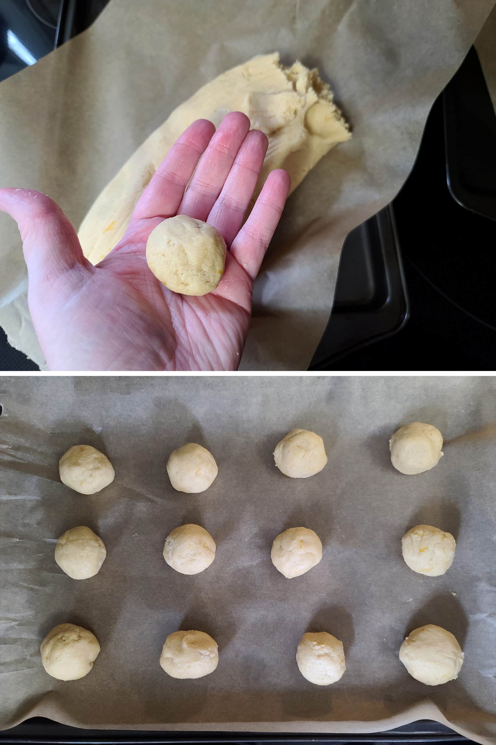 2 part image showing the keto cookie dough being rolled into balls and arranged on a cookie sheet.