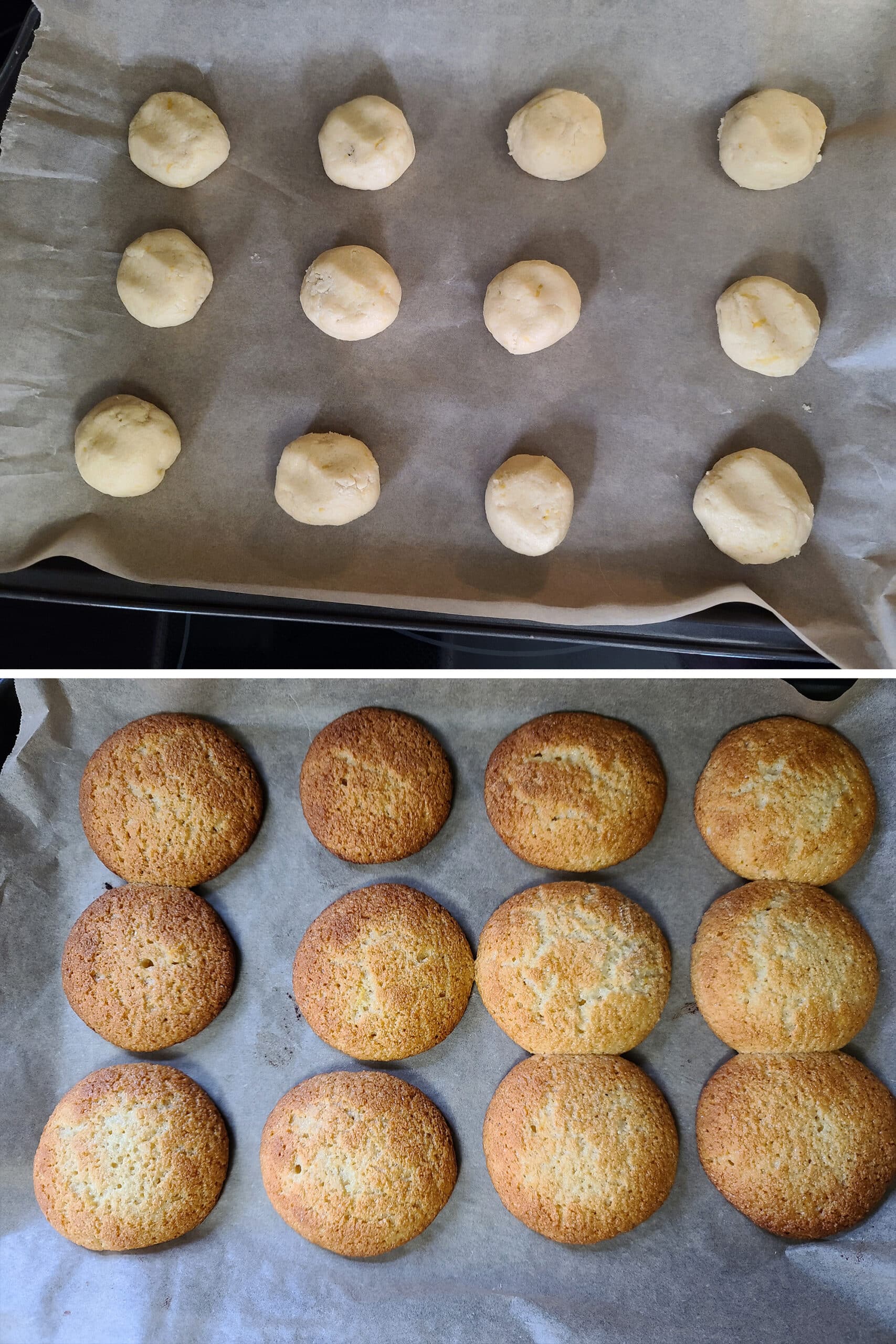 A pan of keto lemon cookies before and after baking.