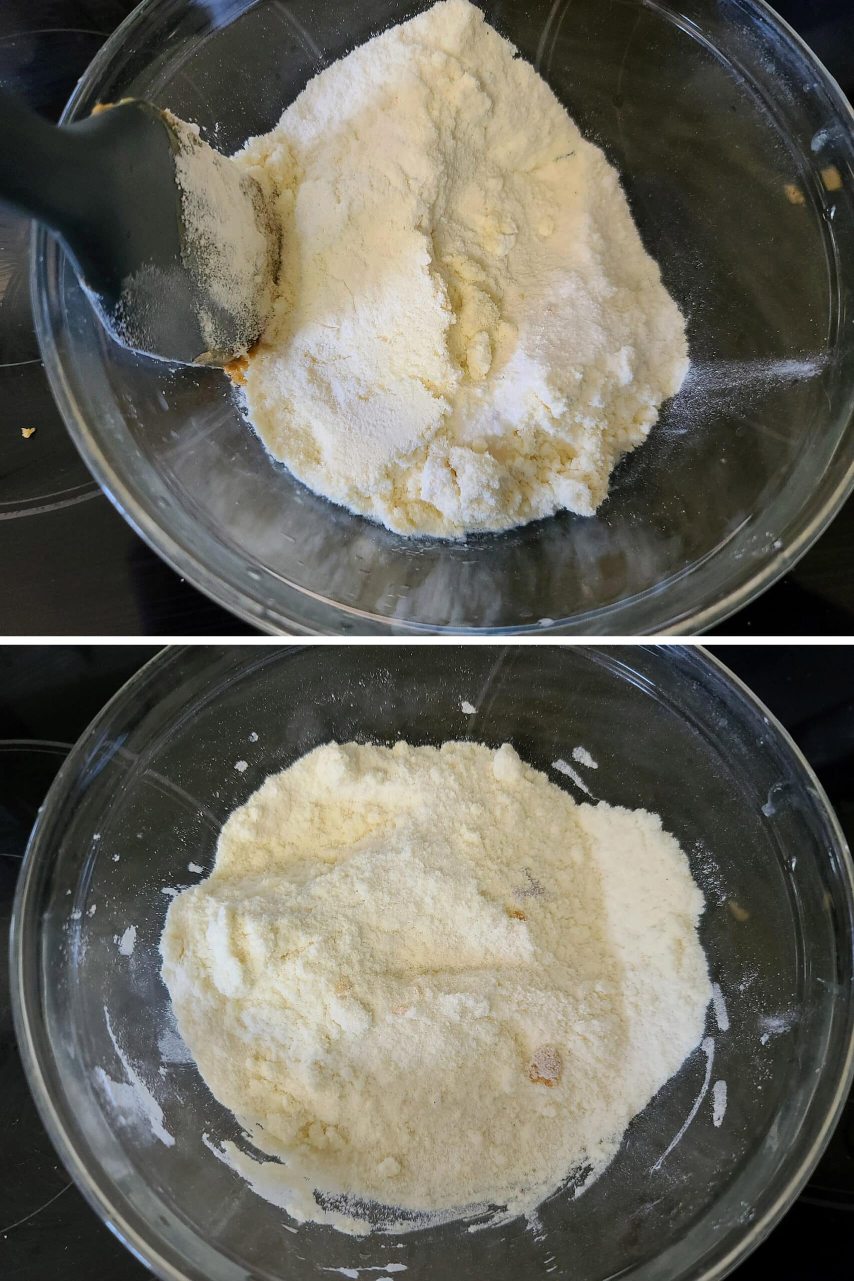 2 part image showing the dry ingredients being mixed together.