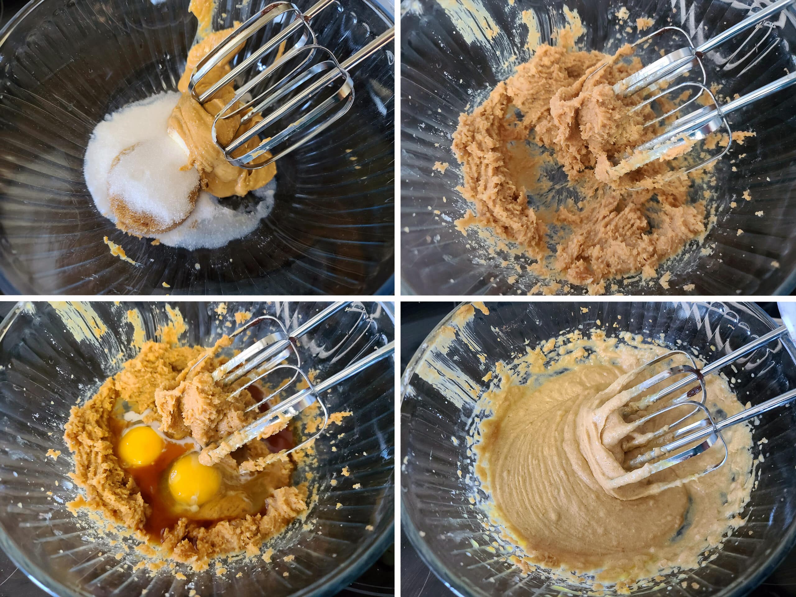 4 part image showing the peanut butter and sweetener being creamed, then the eggs and vanilla beaten in.