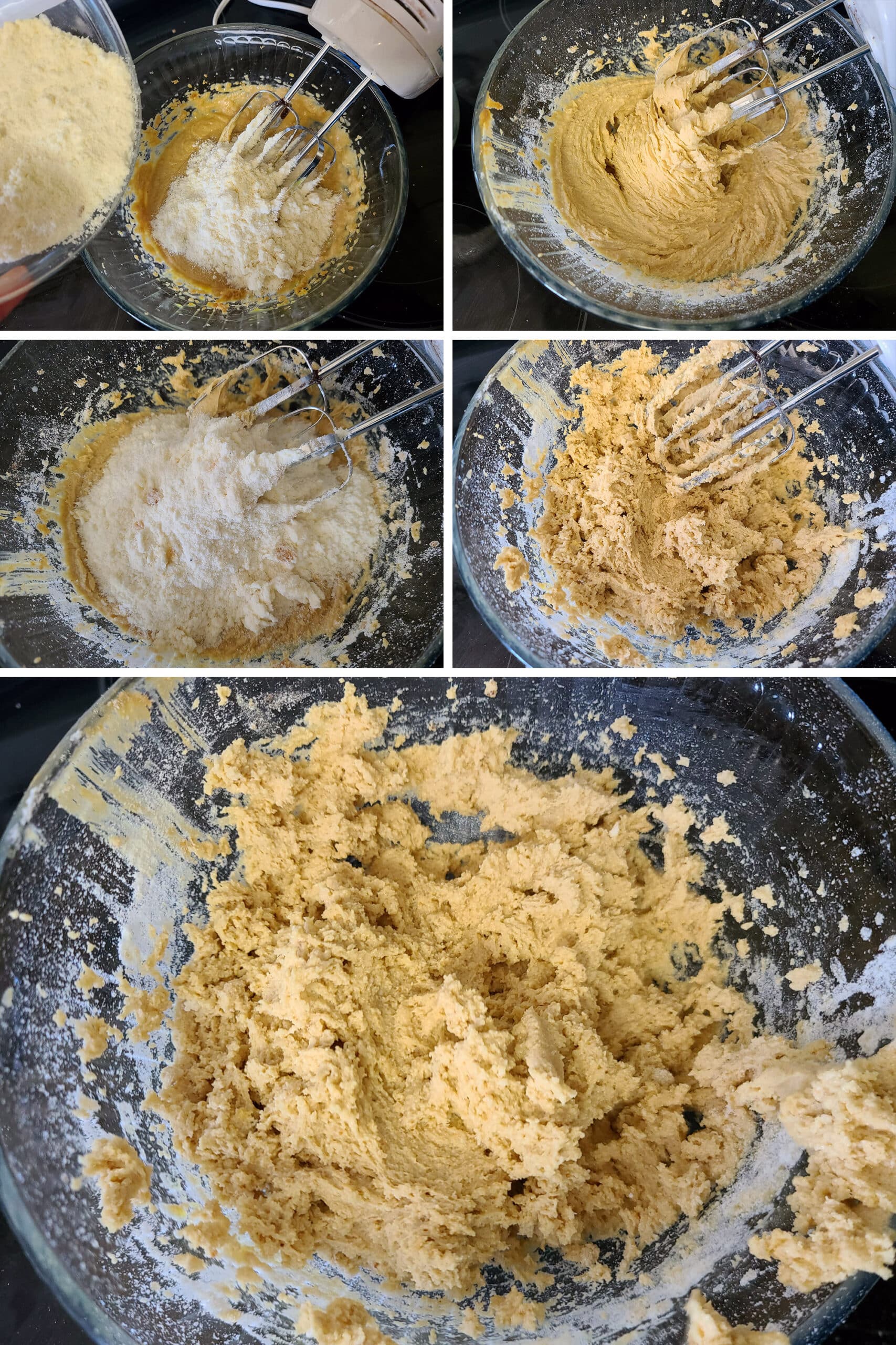 5 part image showing the dry ingredients being beaten into the wet ingredients.