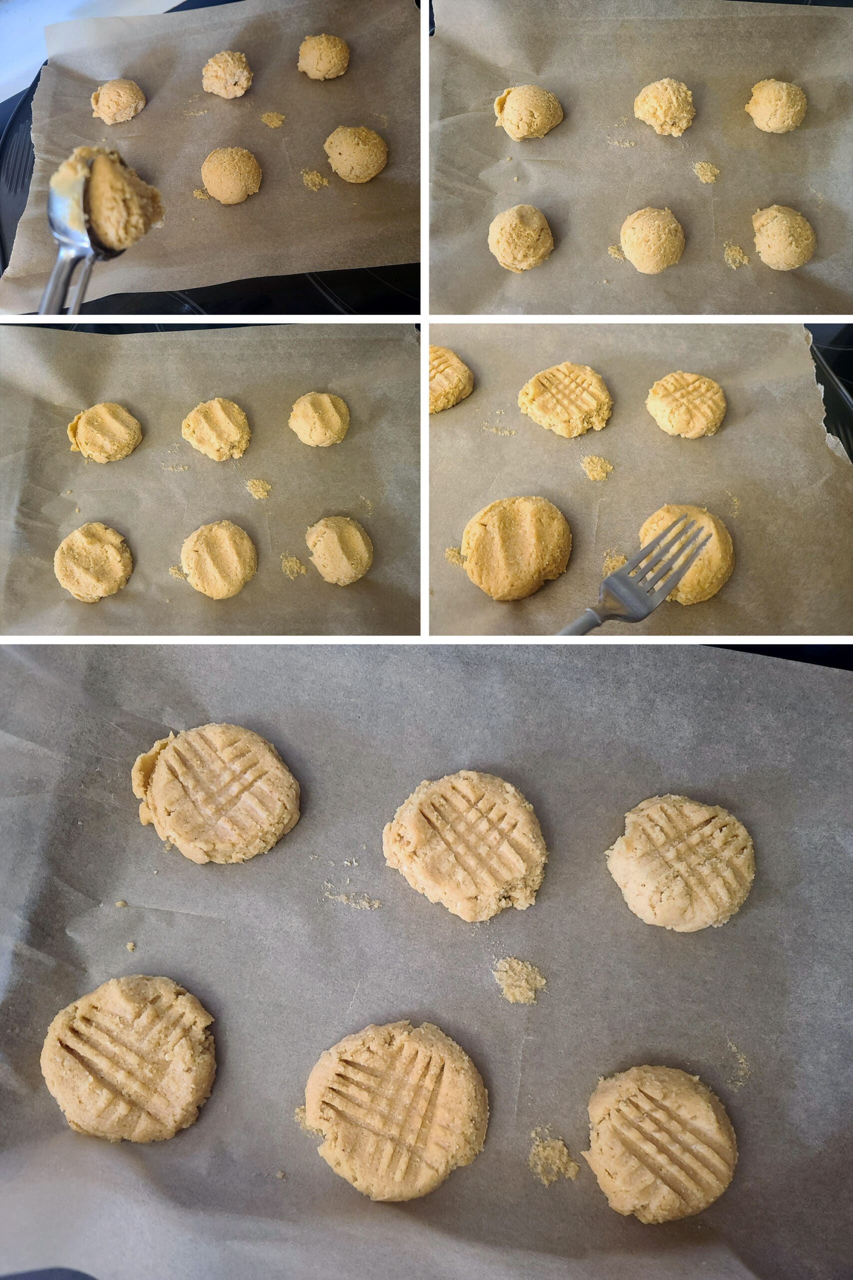 5 part image showing the keto cookie dough being rolled into balls and pressed with a fork.