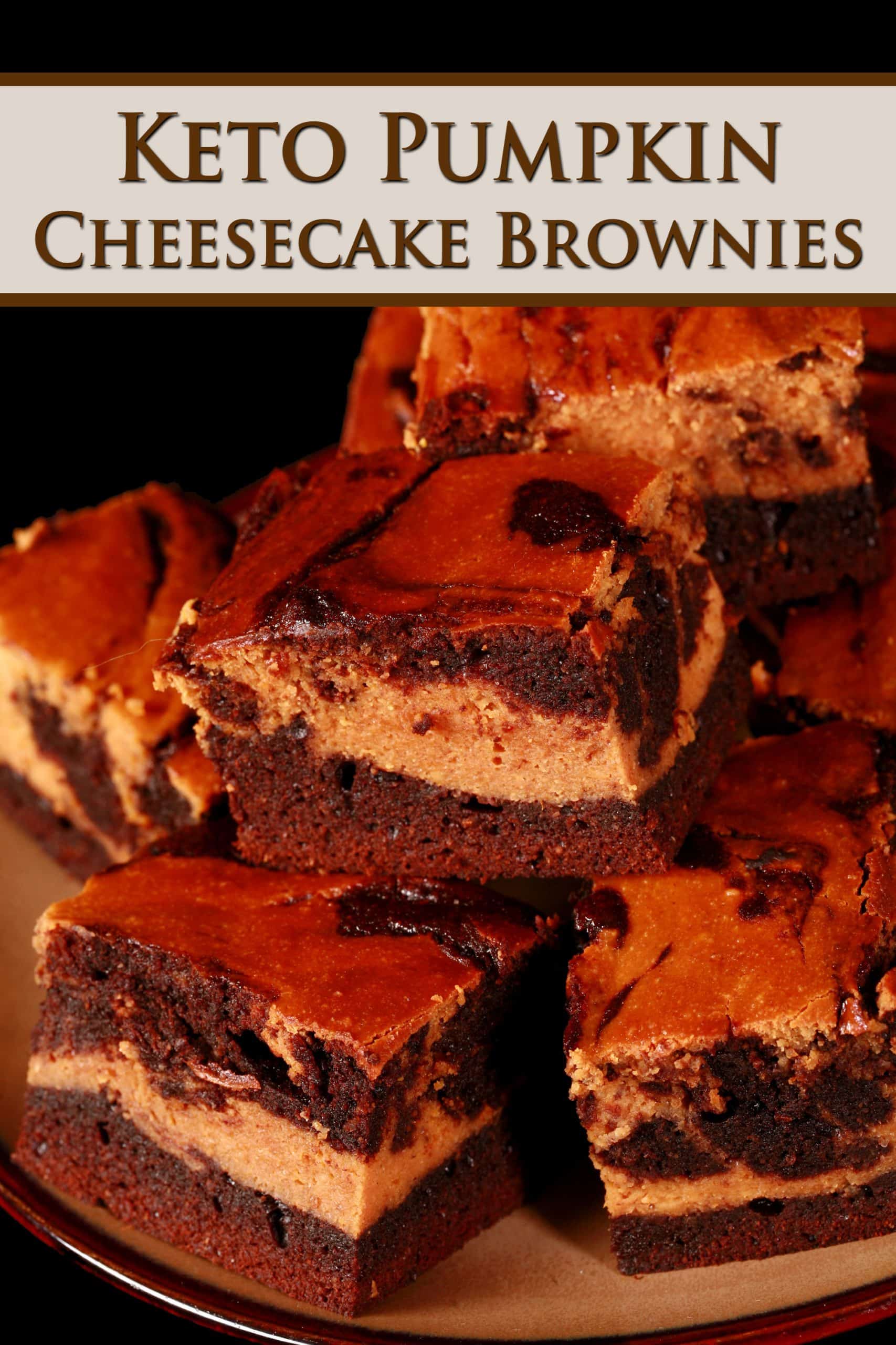 A plate of swirled low carb pumpkin cheesecake brownies. Overlaid text says keto pumpkin cheesecake brownies.