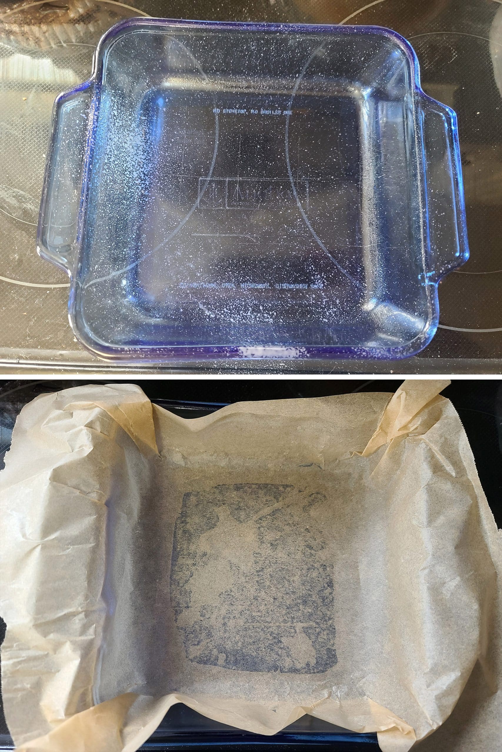 2 part image showing a square pan sprayed with pan spray then lined with parchment paper.