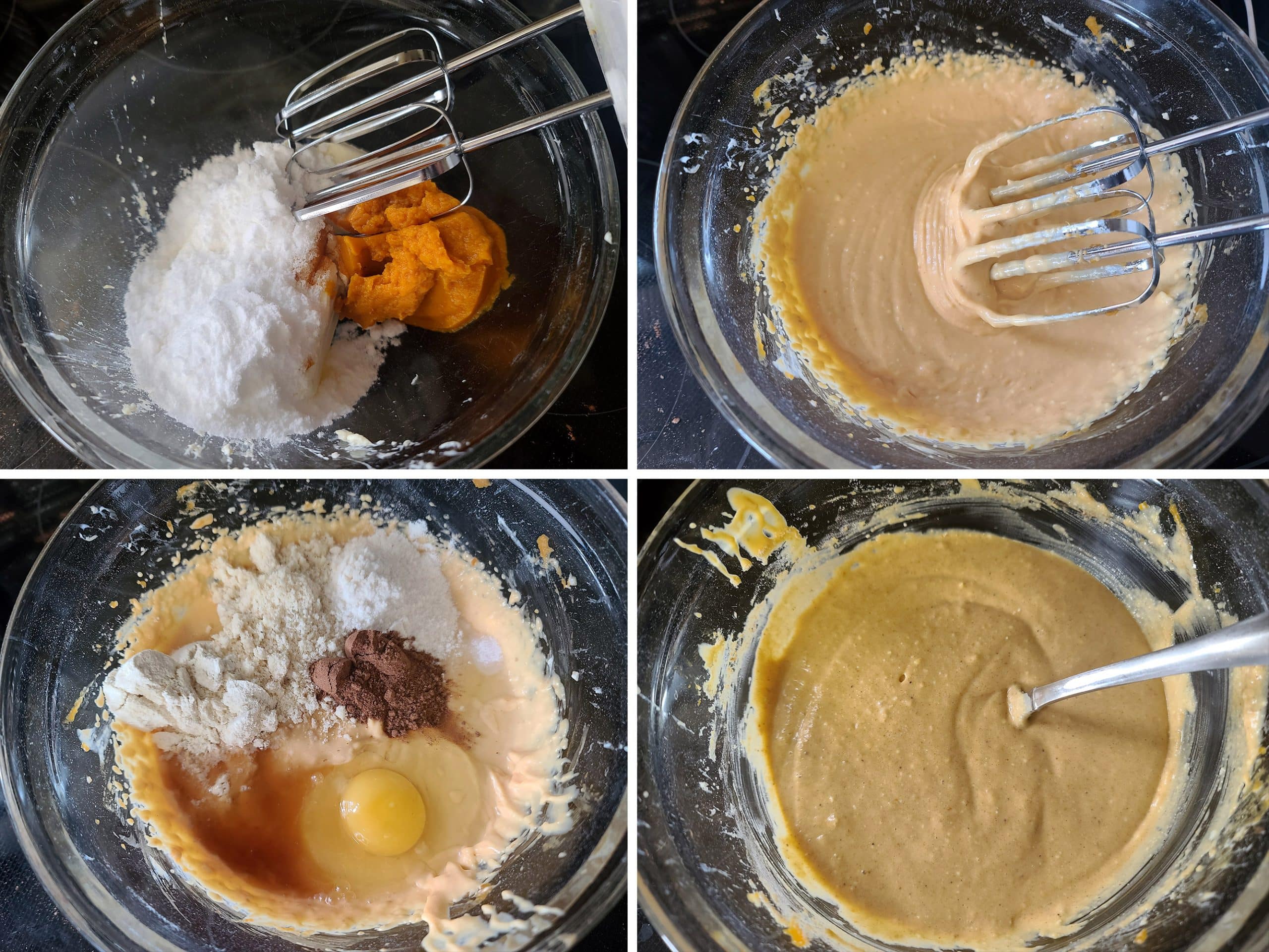 4 part image showing the sweetener cream cheese and pumpkin being creamed together, then the rest of the wet ingredients added in.