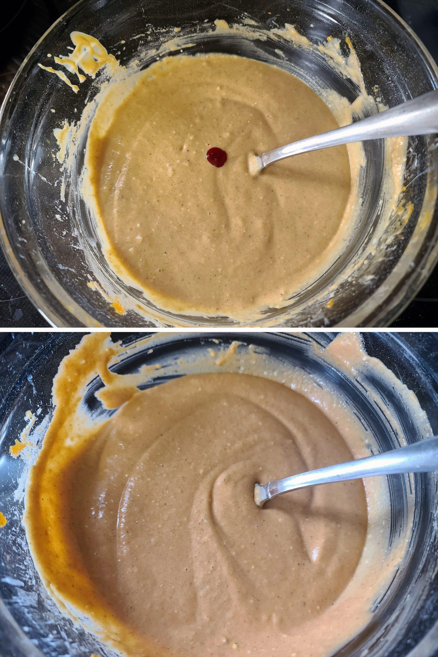 2 part image showing a drop of orange food colouring being mixed into the cheesecake batter.