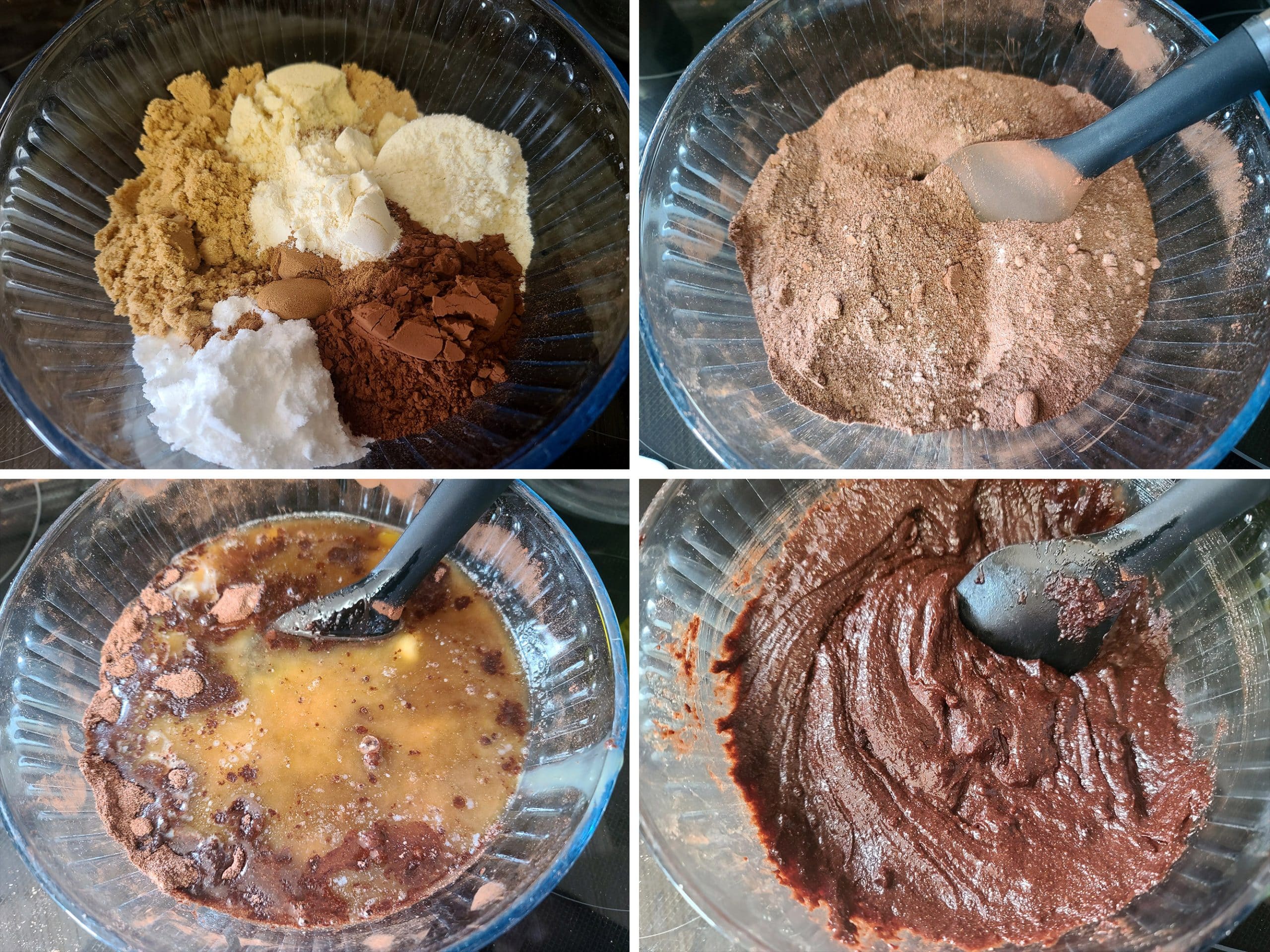 4 part image showing the brownie batter being stirred together.